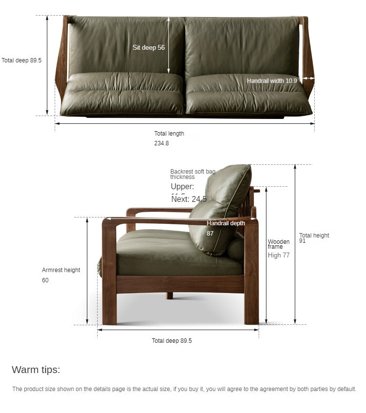 Premium Black Walnut Solid Wood Leather Sofa - Modern Luxury Living Room Furniture for Home & Office (Perfect for Lounging, Entertaining & Relaxing)