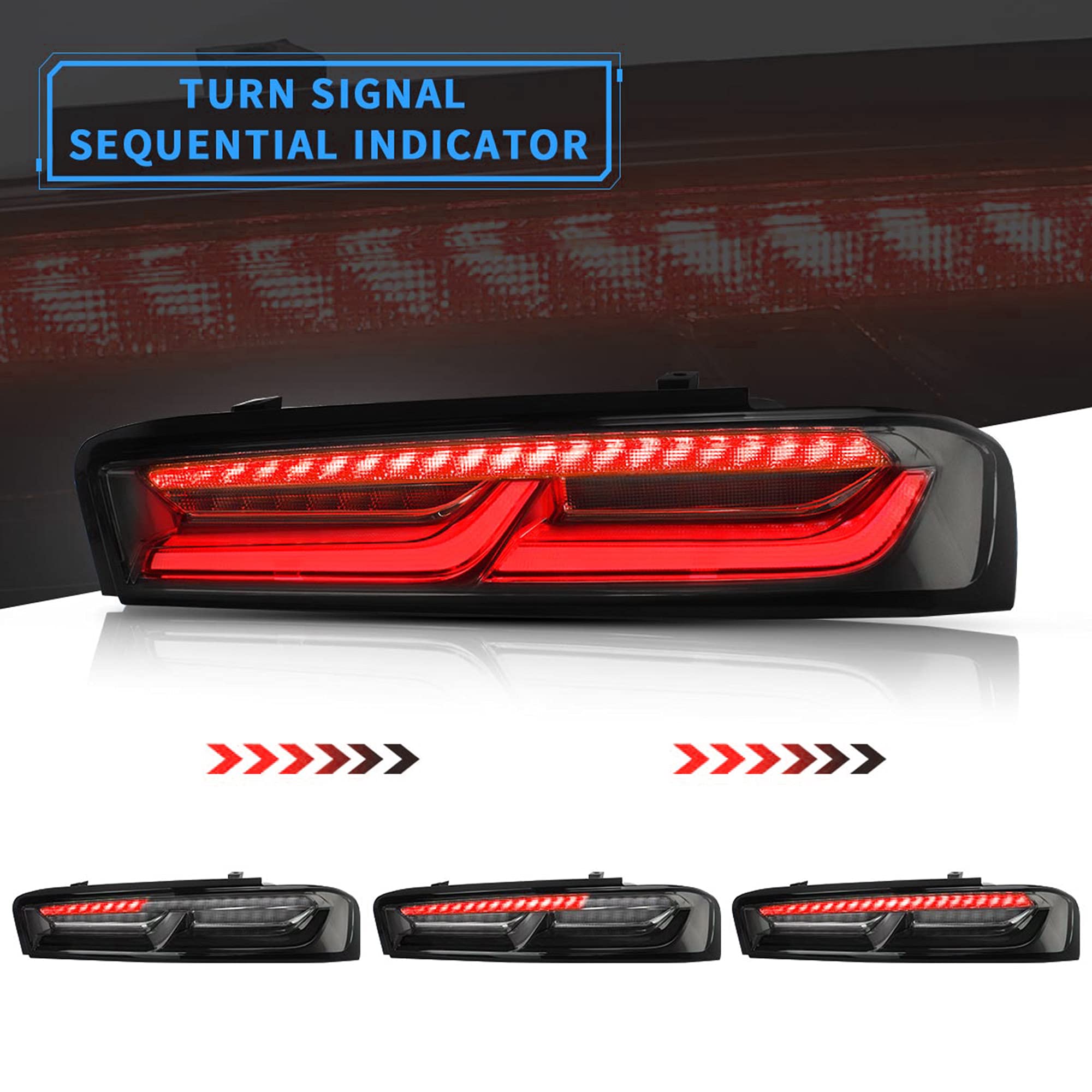 VLAND LED Tail Lights for Chevrolet Camaro 2016-2018 - Red Sequential Turn Signal, Smoke Clear Lens (US Plug) - Left & Right Rear Light Assembly - Perfect for Night Driving & Car Customization