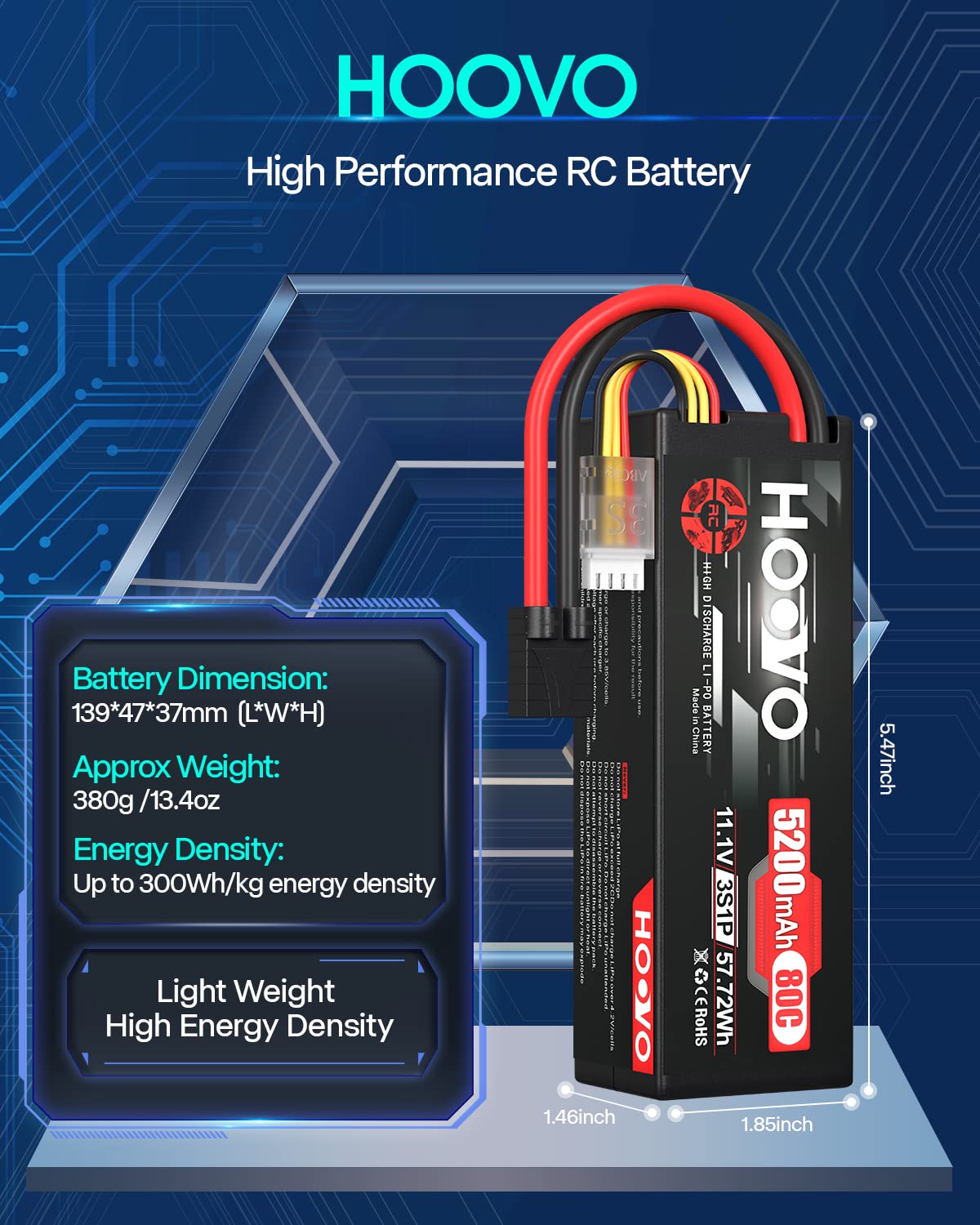 HOOVO 3S 11.1V 5200mAh 80C Lipo Battery with TR Plug - 2 Pack for RC Cars, Boats, Trucks, Truggy Racing, FPV Drones - High Performance Power for Hobbyists and Racing Enthusiasts