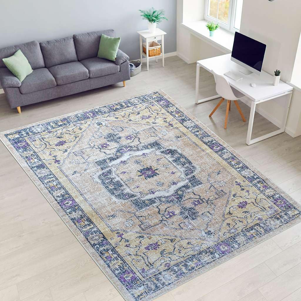 Soft Woven Vintage Floral Area Rug 6x9 Feet - Machine Washable 90% Cotton Non-Slip Rug, Stain Resistant & Pet Friendly Indoor Rug for Living Room, Bedroom, Hallway - Cream Multi Flower Design Home Decor