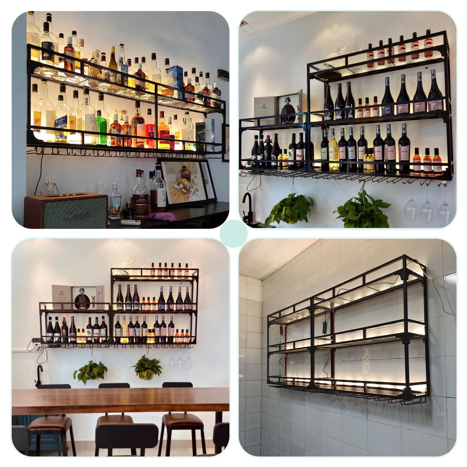 Metal Wall Mounted Wine Rack with Glass Holder - 59x10x35.5 Inch Gold Bar Bottle Display Shelf for Home, Bar, Cafe & Dining Room Decor - Perfect for Wine Storage, Entertaining Guests & Space-Saving Organization