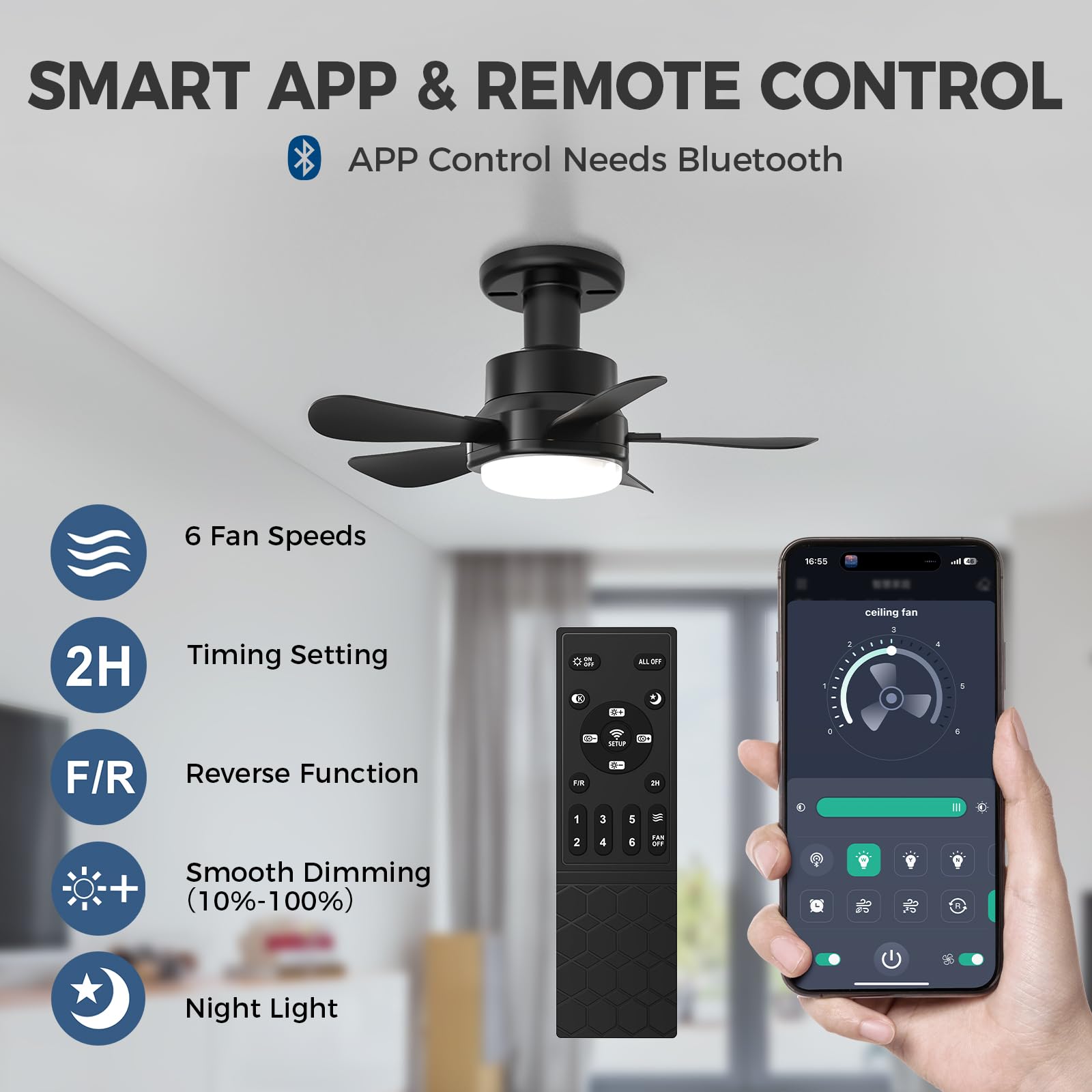 16 Inch Smart Ceiling Fan Light with Remote & App Control - E26/E27 Base, 6 Speeds, 3 Color Dimmable LED - Perfect for Bedroom, Living Room, Kitchen, Garage & Office