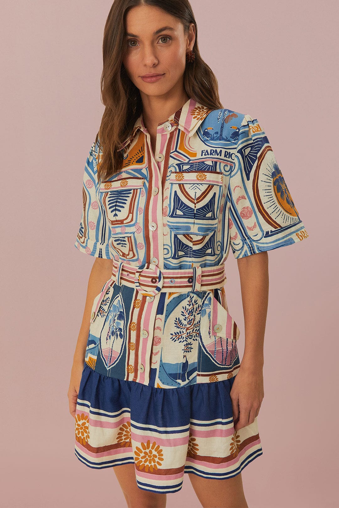Farm Rio Cerrado Stamps Mini Dress - Floral Print Summer Dress for Women, Boho Chic Beach Dress, Perfect for Vacations, Parties & Outdoor Events