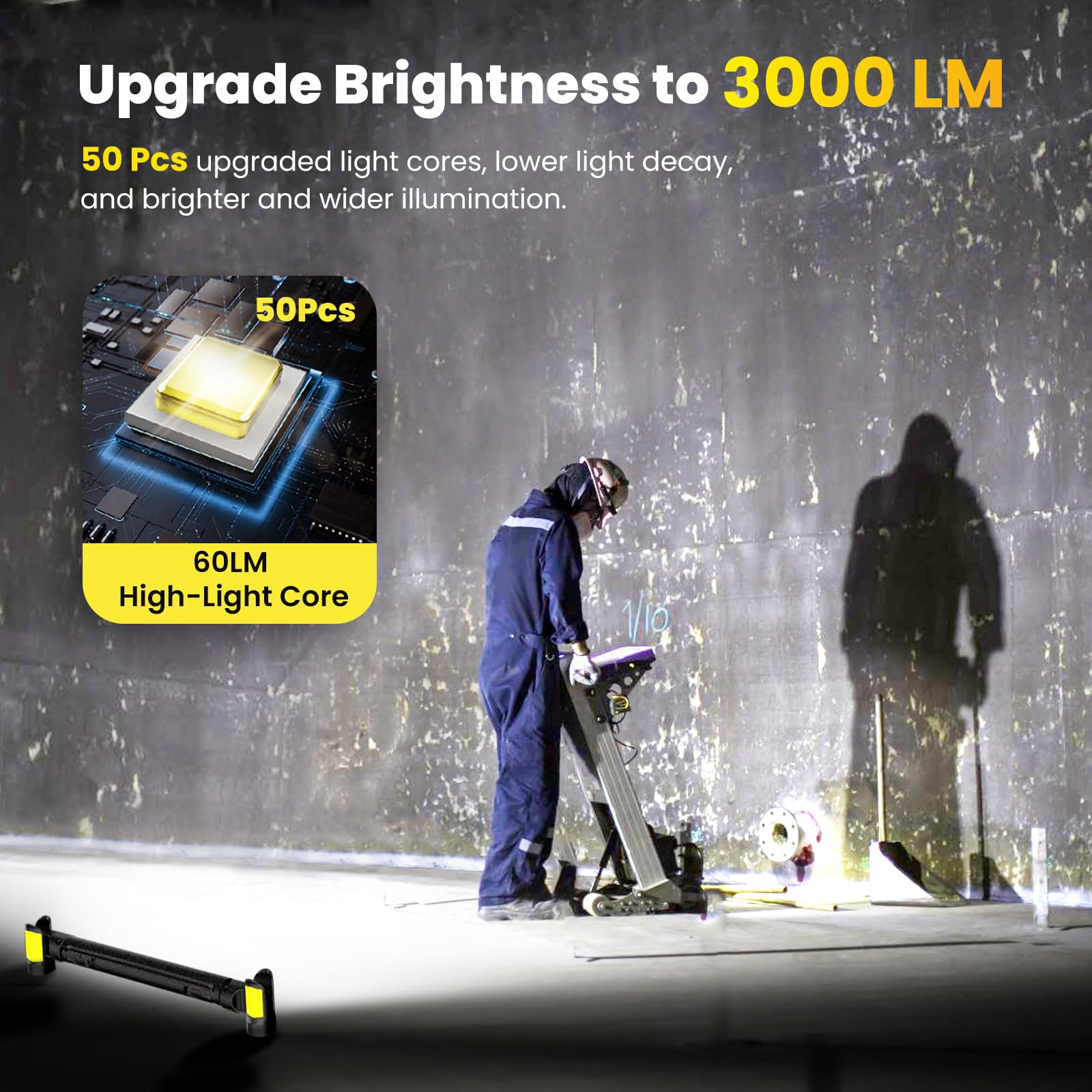 3000LM LED Magnetic Rechargeable Work Light with Auto On/Off - 5200mAh Cordless Under Hood Light Bar with Hooks for Mechanics, Car Repair & Garage Use - Perfect for Auto Maintenance, Emergency Lighting & DIY Projects (Yellow)