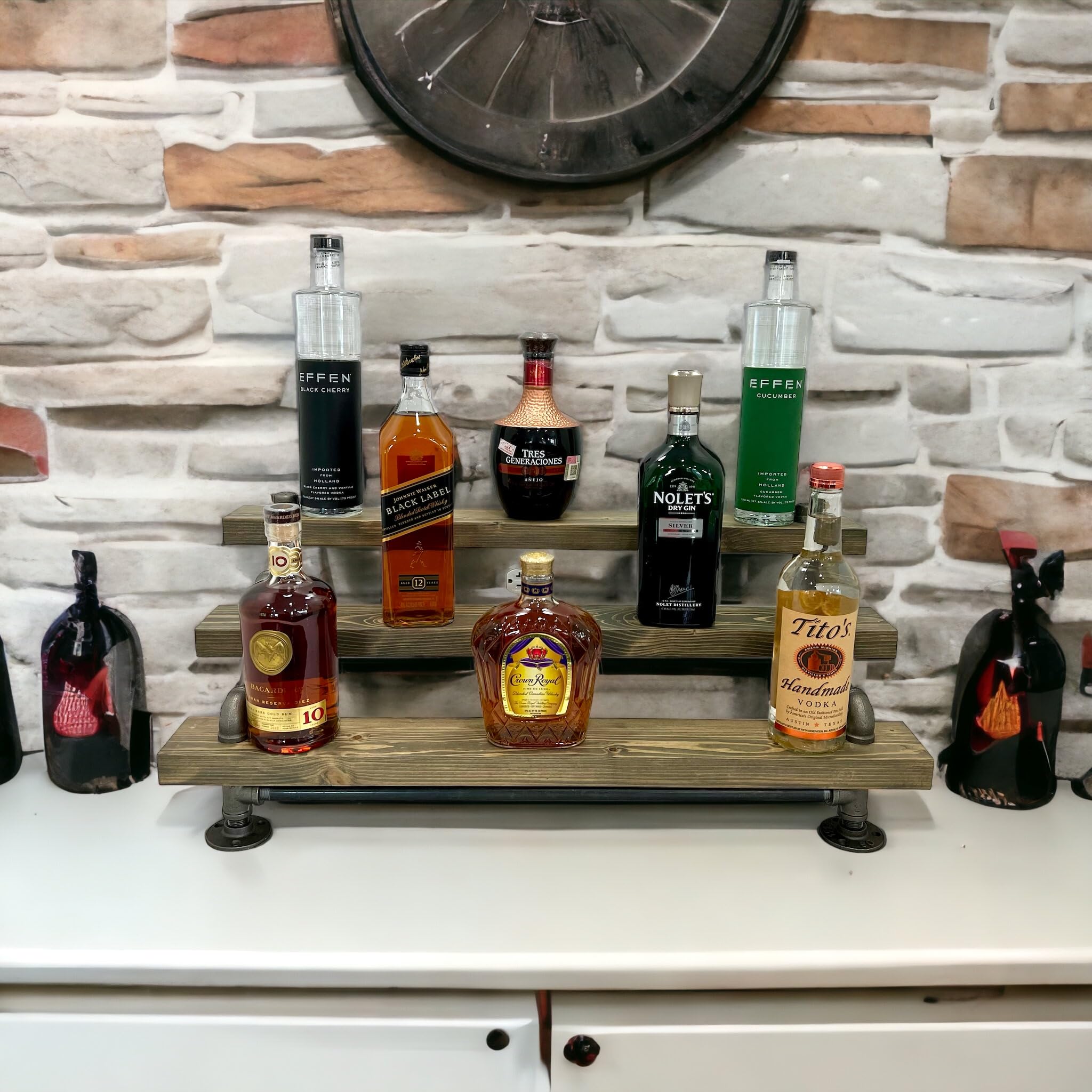 3-Tier Industrial Bar Display Shelf - Freestanding Liquor & Wine Bottle Organizer - 36