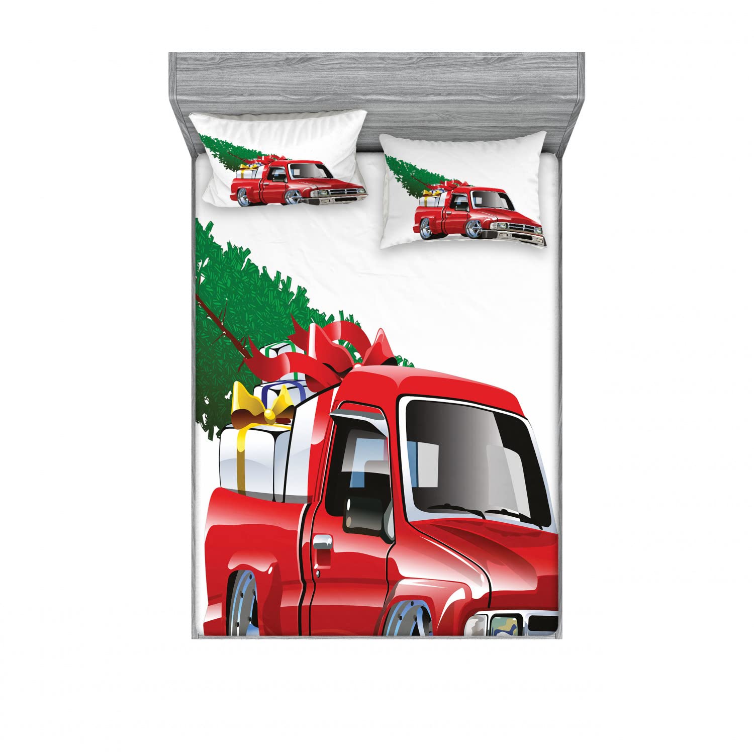 Ambesonne 2-Piece Christmas Bedding Set - Red Farm Truck Design Queen Size Fitted Sheets & 4 Pillow Shams, Holiday Home Decor for Festive Bedroom Makeover | Perfect for Christmas, Winter Home Styling and Cozy Seasonal Atmosphere