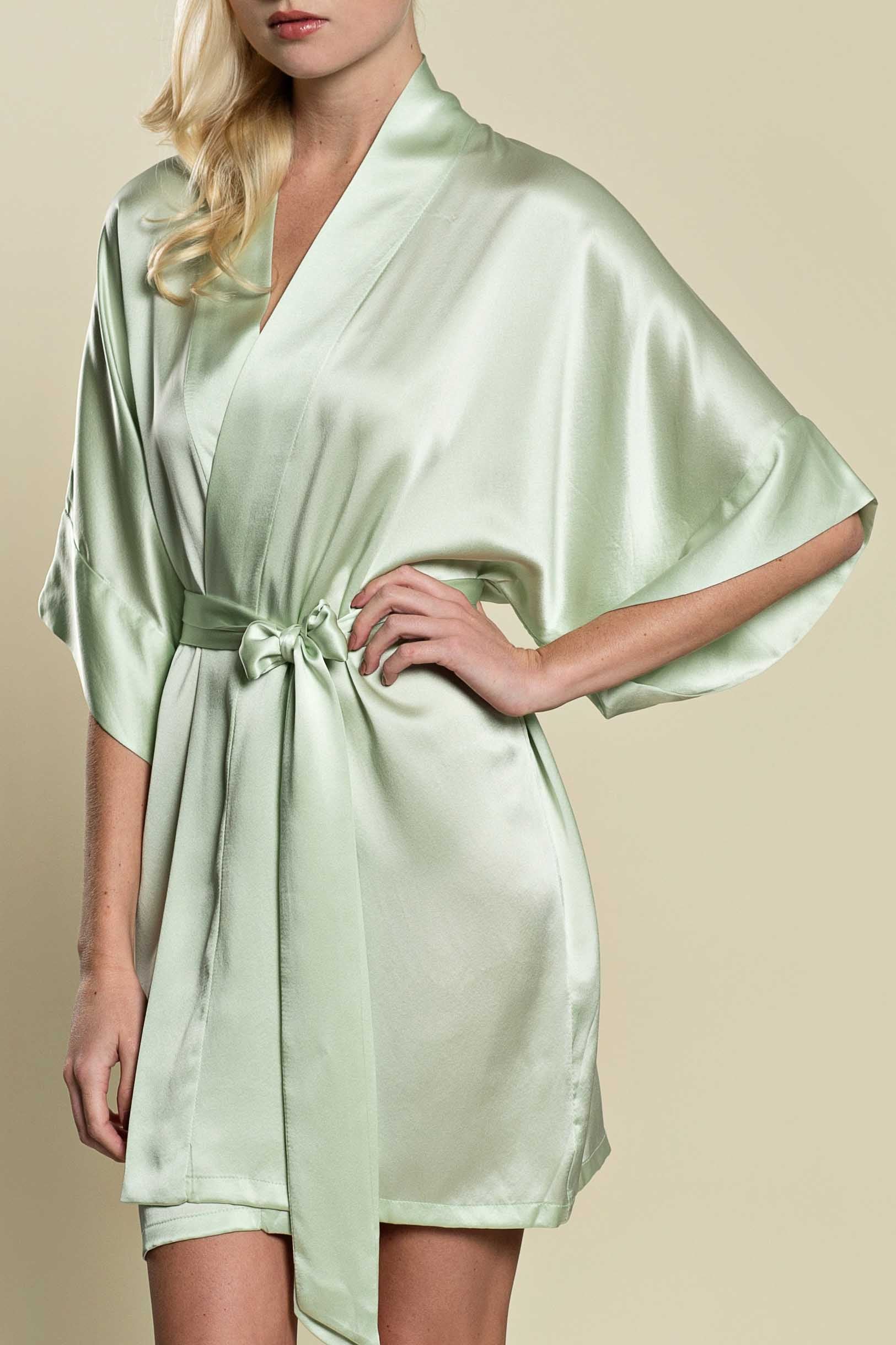 Samantha Silk Kimono Robe - Luxurious Mint Green Women's Bathrobe for Spa, Bridal Shower & Loungewear