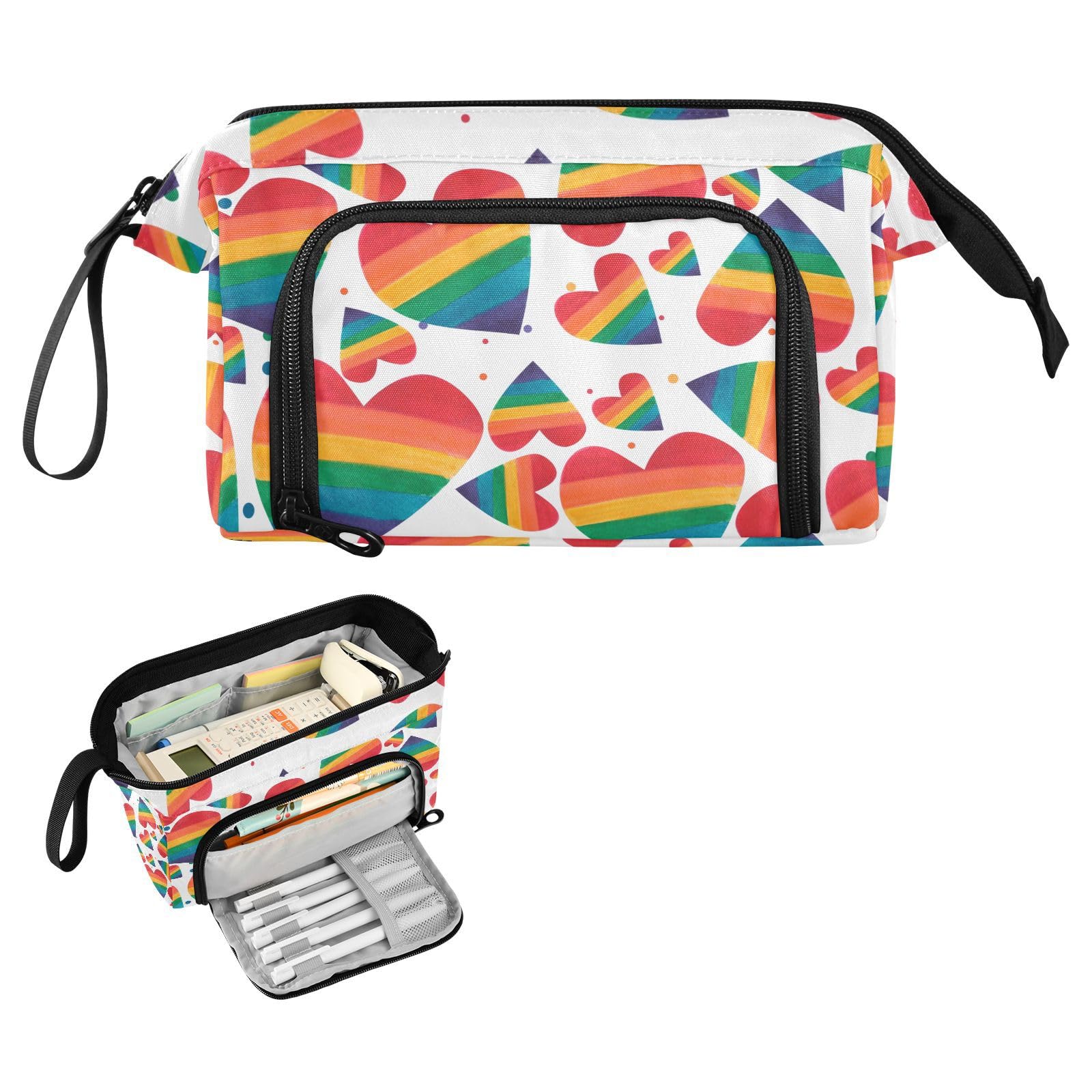 GAIGEO Rainbow Heart Pattern Pencil Pouch - Large Capacity School Supplies Organizer for Pens, Markers & Art Tools - Perfect for Students, Office & Travel Use