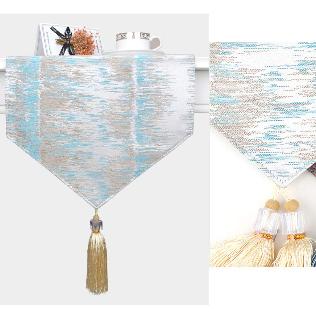 Silver and Blue Jacquard Tassel Table Runner - 35x228cm Farmhouse Style Decorative Placemat for Coffee Table, Shoe Bench, Dresser, TV Cabinet & Dining Table - Perfect for Rustic Home Decor and Holiday Dinner Settings