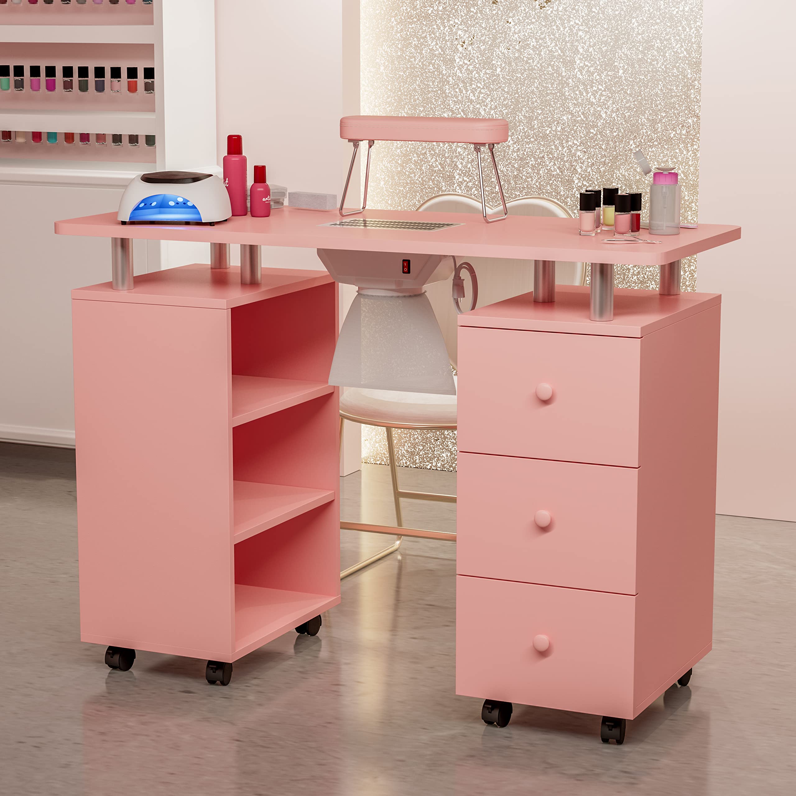 Belandi Foldable Nail Table with Dust Collector - Salon Manicure Station with Storage & Wheels for Professional Nail Techs (Pink) - Perfect for Beauty Salons & Home Use