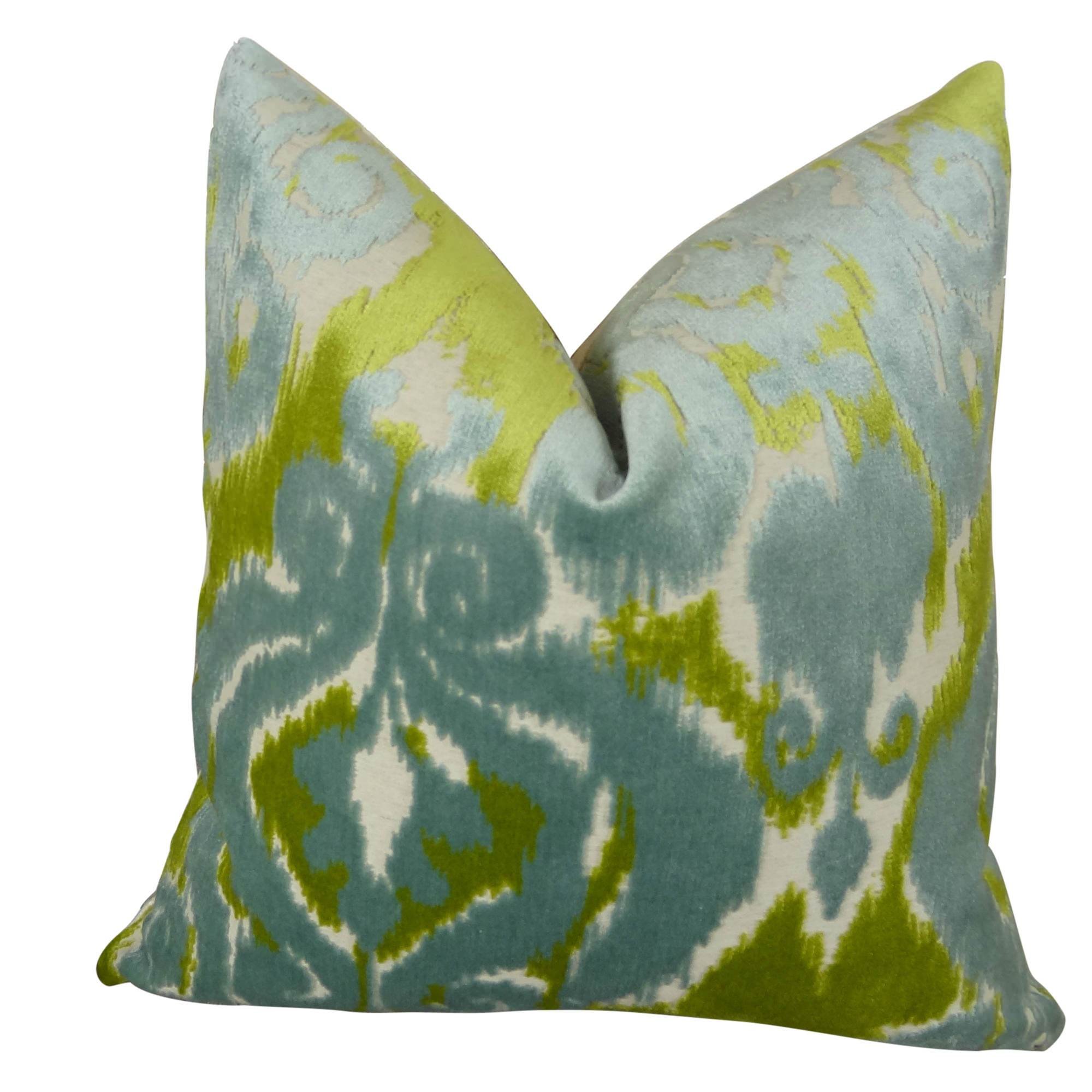 Luxury Velvet Throw Pillow - Blue Citrine Green Cream Geometric Pattern, Handmade in USA - Perfect for Sofa, Bed & Home Decor