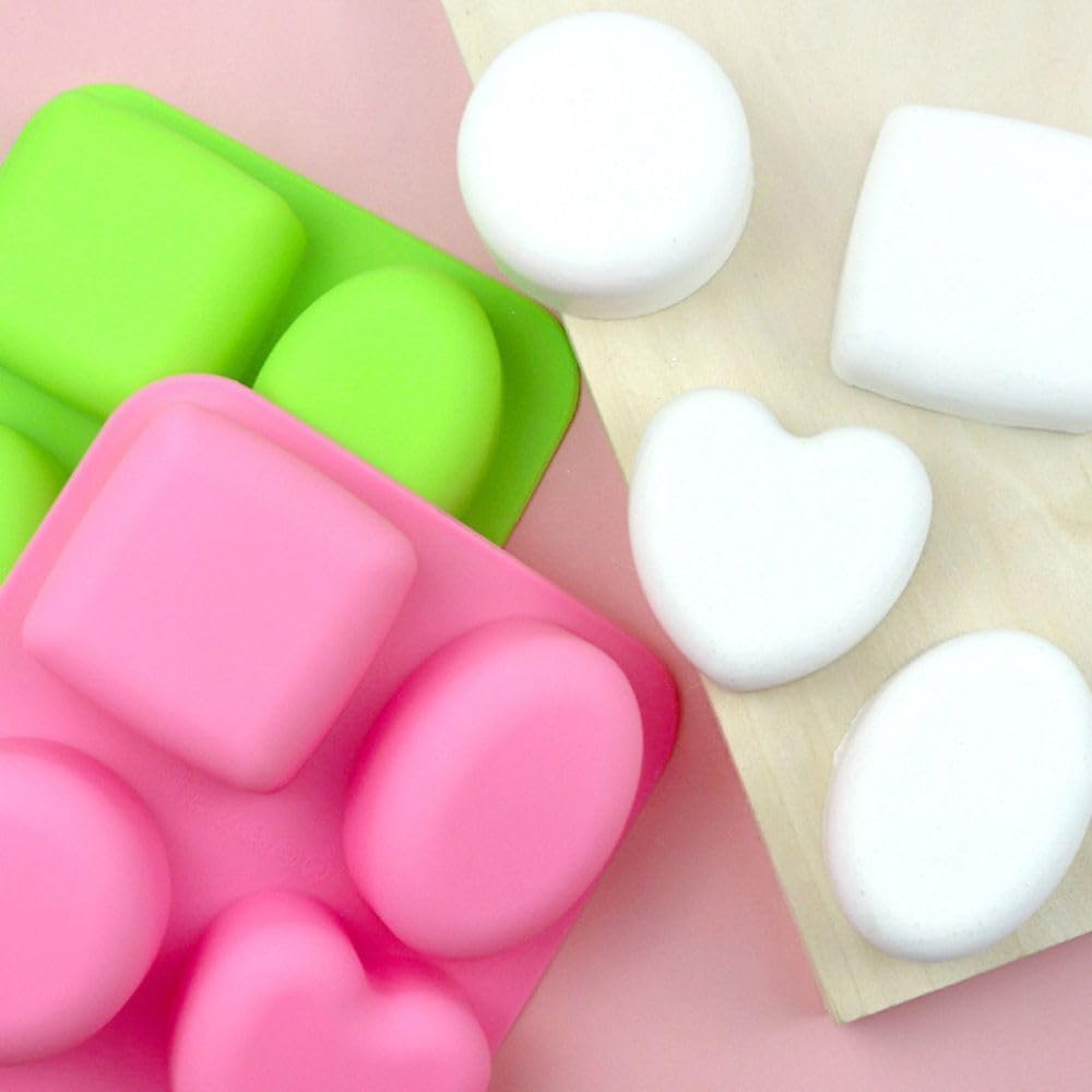 MoldBerry 4-in-1 Silicone Soap Mold Set - Round, Square, Oval & Heart Shapes for DIY Soap Making, Bath Bombs, Candles, Lotion Bars - Perfect for Home Crafting, Gifts & Spa Essentials (Multicolor, PK1)
