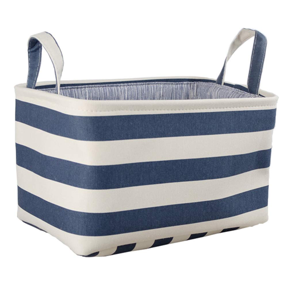 Collapsible Canvas Storage Basket with Handle - Organize Jewelry, Keys, Toys & Cosmetics | Blue Striped Desk Organizer Bin for Home & Office Use