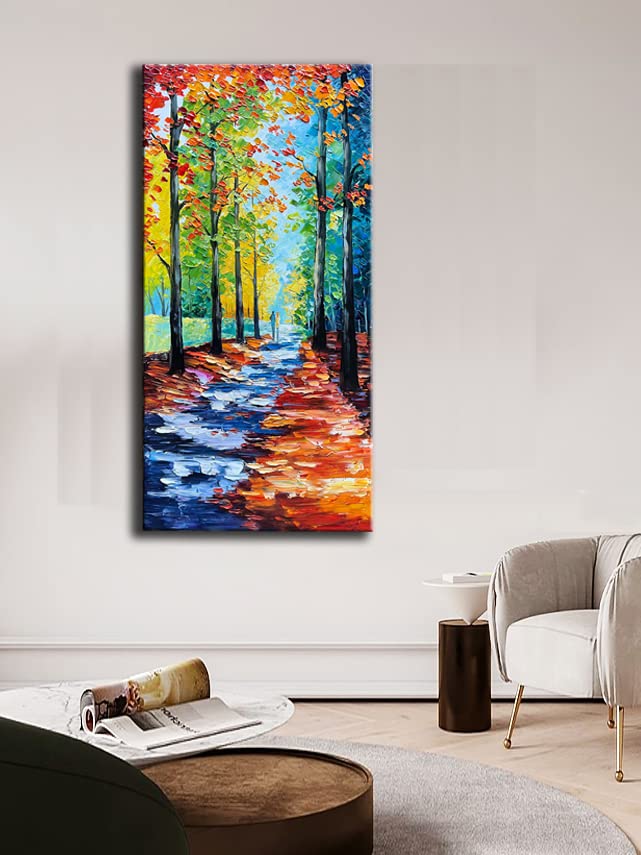 JELRINR Hand-Painted Autumn Landscape Oil Painting on Canvas - 24x48 Inch Contemporary Palette Knife Texture Artwork - Perfect for Living Room, Office & Wall Decor - Acrylic Home Art for Cozy Fall Ambiance