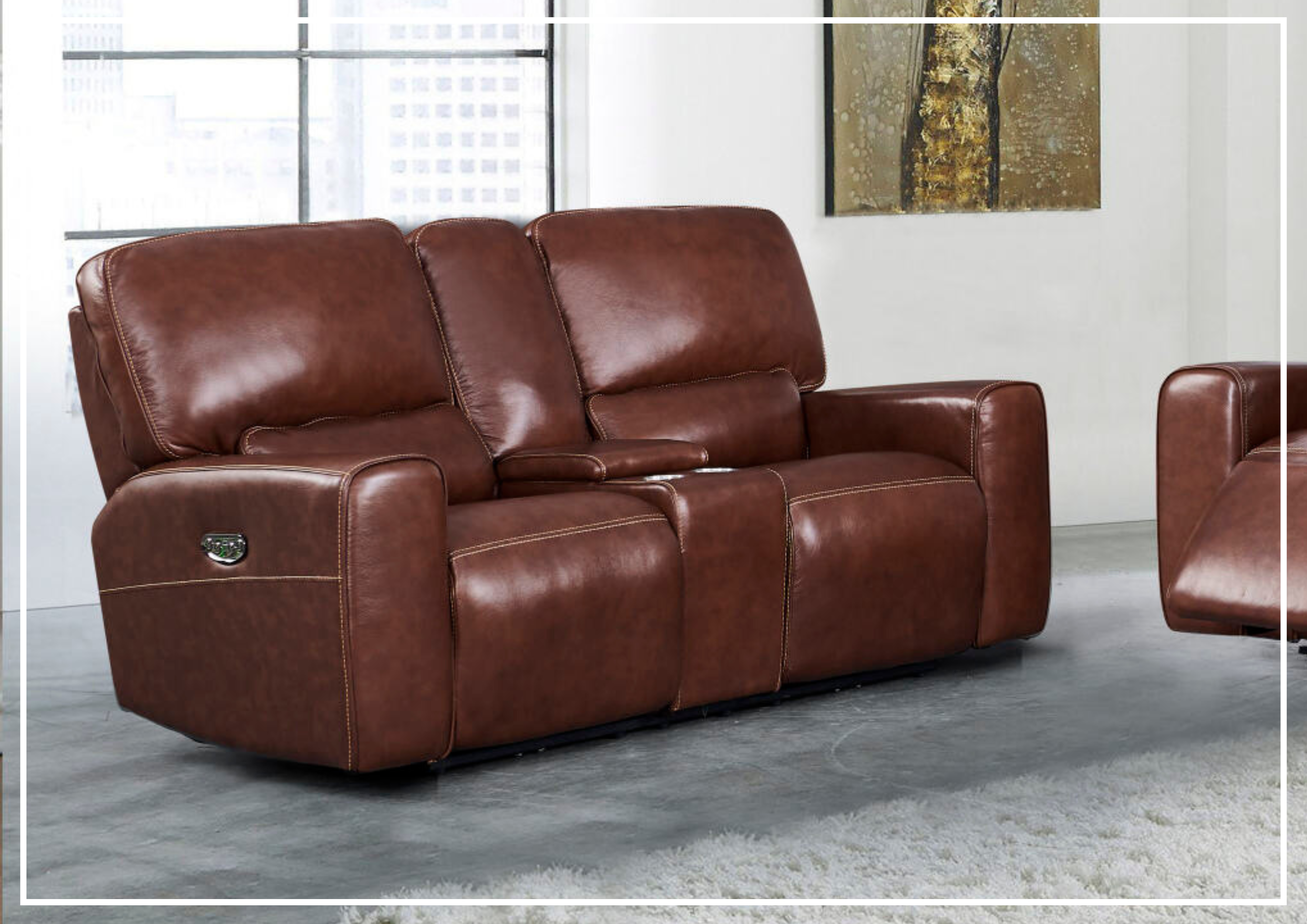 Gio Italia Bennett Power Reclining Leather Loveseat in Brown with Console - Modern Comfort for Living Room, Home Theater & Relaxation