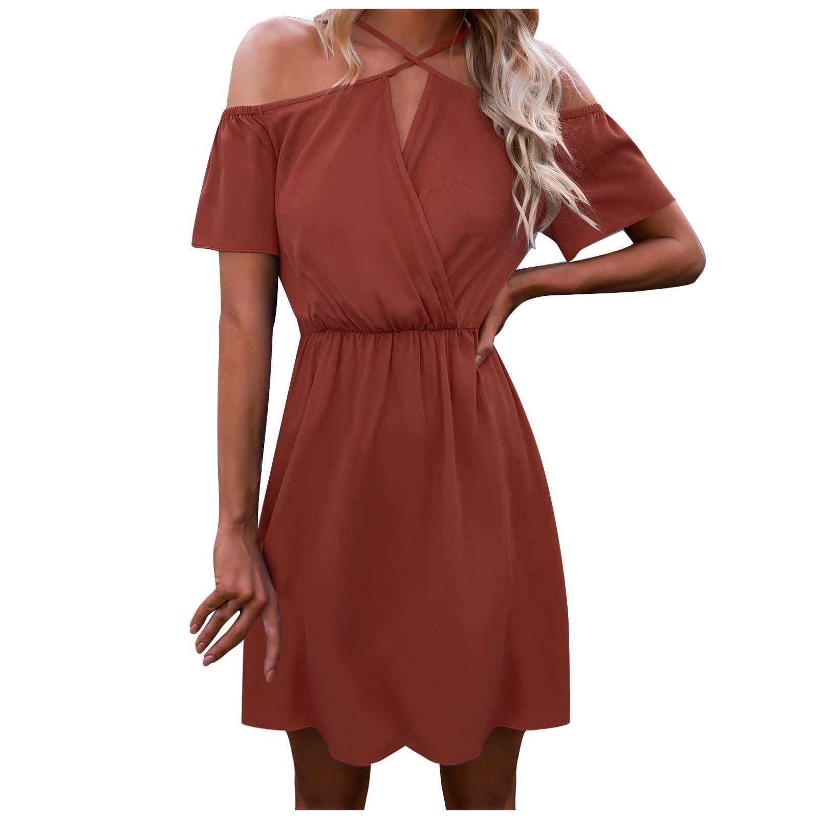 Women's Casual Off Shoulder Cross Mini Dress - Hollow Out Front Short Sleeve Comfortable Tunic Dress for Summer Beach, Party & Date Night