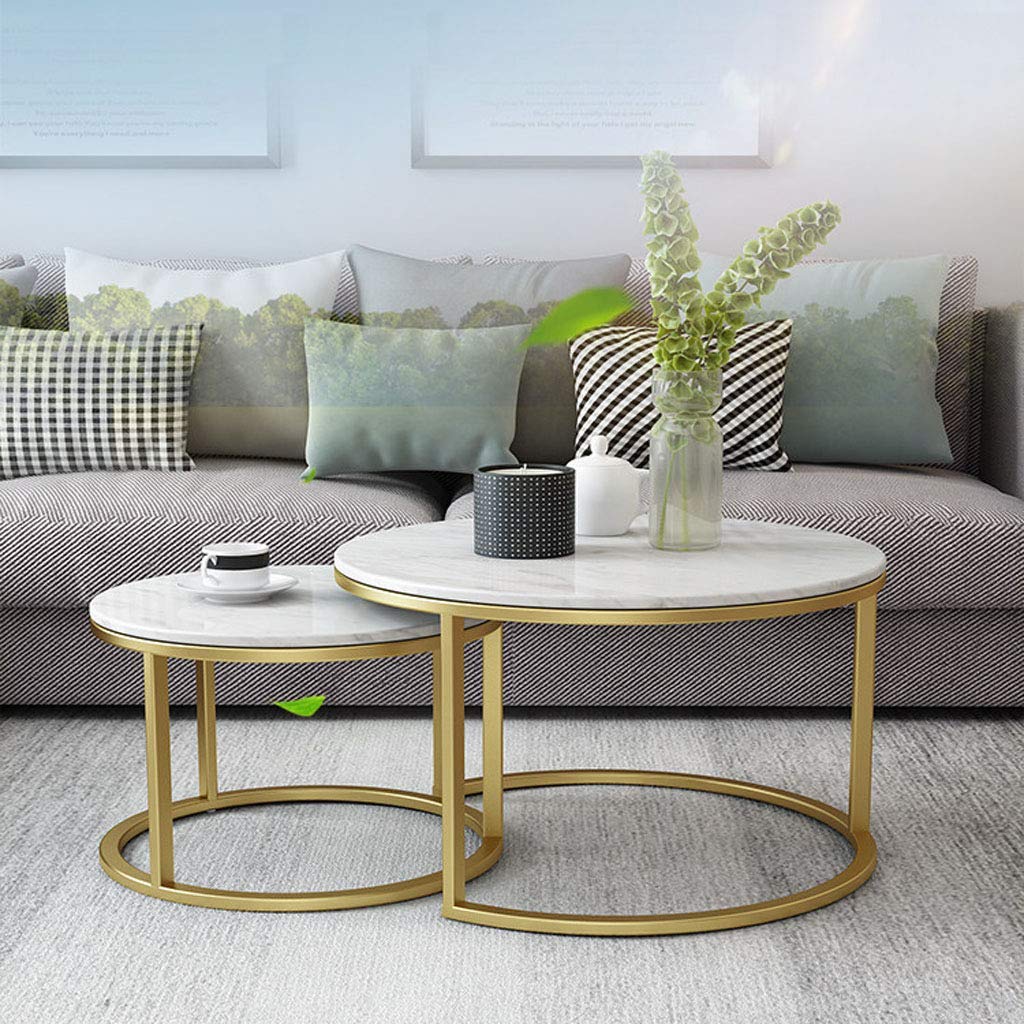 Modern Round Nesting Coffee Tables Set of 2 - Marble Top with Metal Base for Living Room, Lounge & Office - Space-Saving Home Décor Furniture for Small Apartments & Cozy Spaces