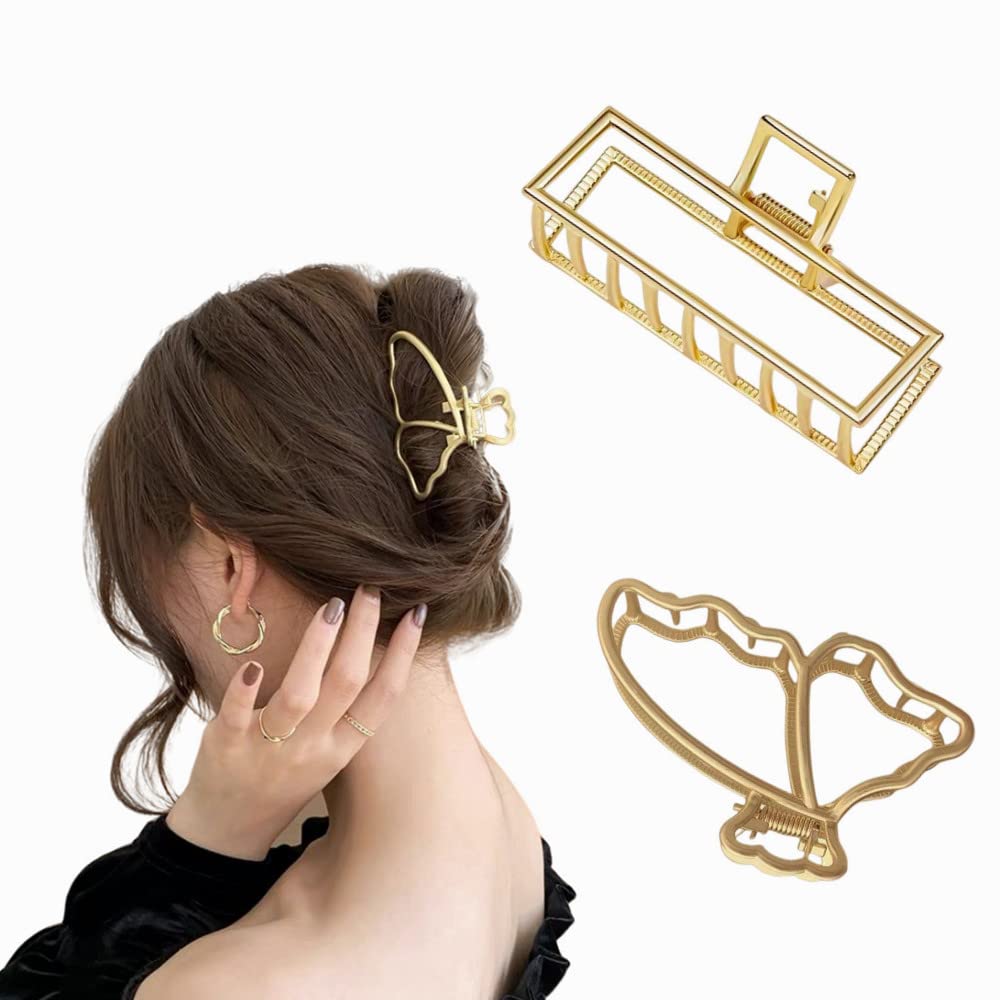 Sichumaria 2-Pack Gold Metal Hair Claw Clips for Thick Hair - Large Jaw Butterfly Hair Clips for Women, Hair Styling Accessories for Ponytails, Buns & Updos