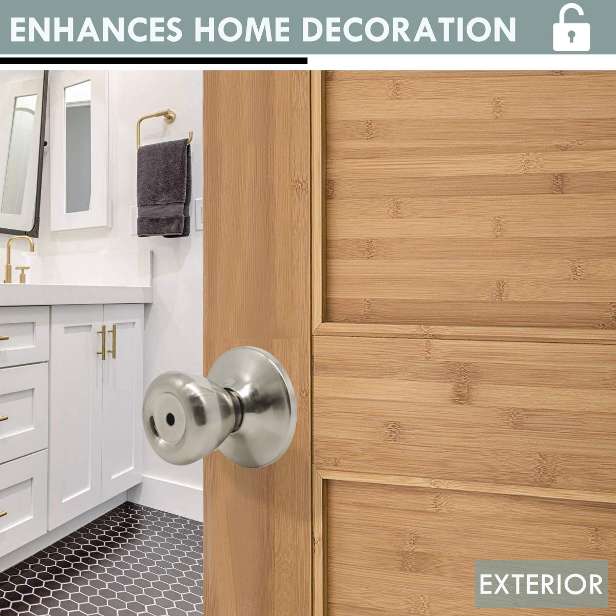 6 Pack Privacy Door Knob with Lock - Keyless Tulip Style in Satin Nickel for Bedroom & Bathroom