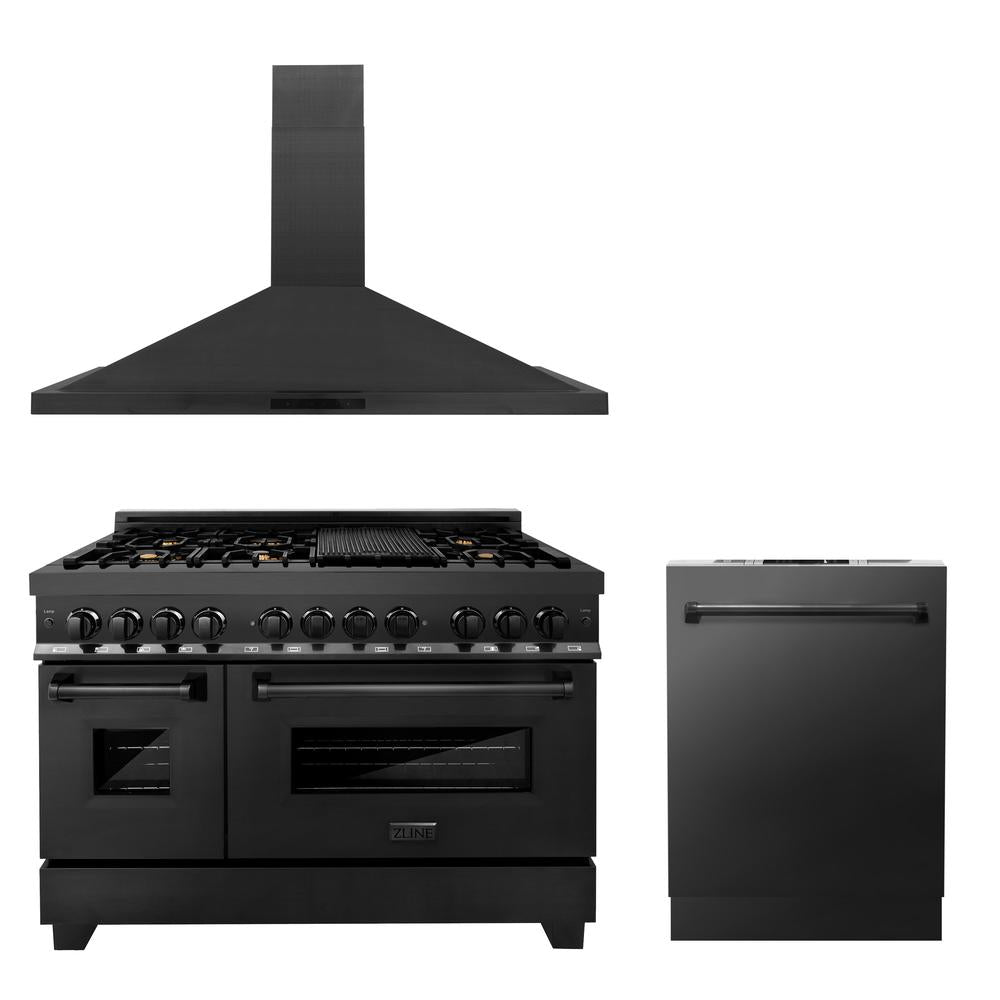 ZLINE 48 Inch Black Stainless Steel Dual Fuel Range Kitchen Package with Convertible Vent Hood & Dishwasher - Perfect for Modern Home Chefs & Open Concept Kitchens