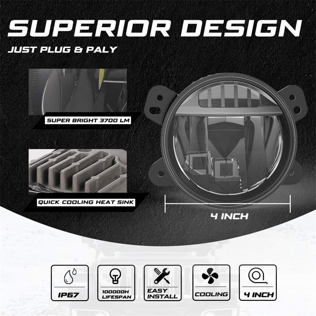 Kiwi Master OEM Style LED Fog Lights for Jeep Gladiator 2018-2025 & Jeep Wrangler JL/4xe Willys Sahara Rubicon - Waterproof Bumper Light Assembly Kit (Pair) - Perfect for Off-Roading, Night Driving, and Adventure Accessories