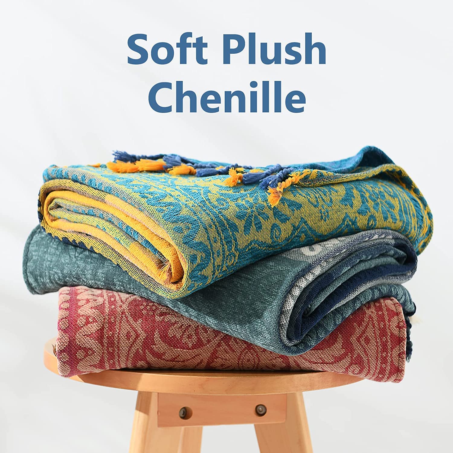 Bohemian Woven Throw Blanket - Soft Chenille Striped Jacquard Blanket for Couch, Sofa & Bed, 60x75 Inches, Red Navy Tribal Design - Perfect for Cozy Home Decor, Living Room Accent & Boho Chic Style