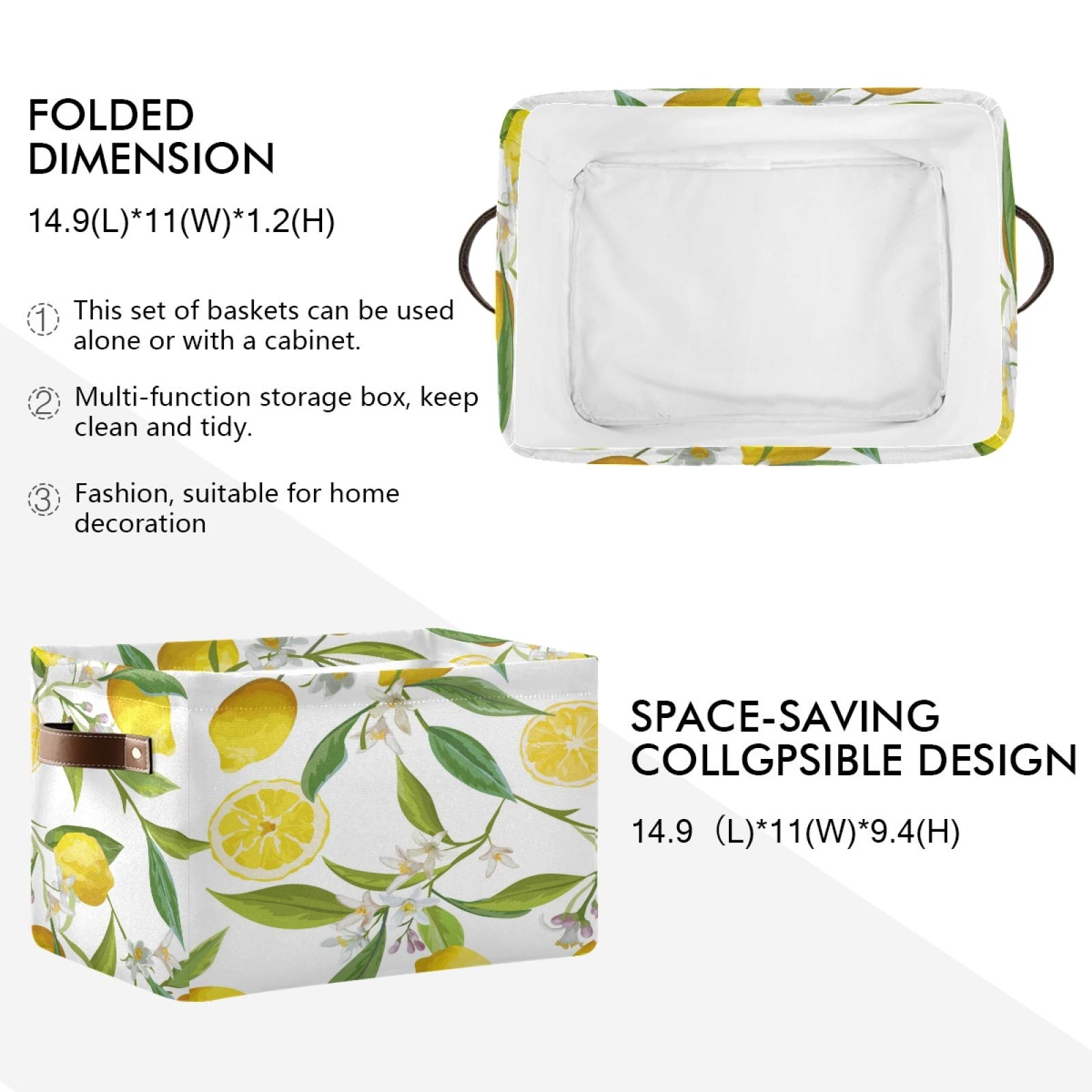 ALAZA Decorative Storage Basket - Rectangular Woven Bin with Leather Handles, Lemon Floral Pattern Organizer for Home Office - Perfect for Blanket Storage, Magazine Holder & Bathroom Organization