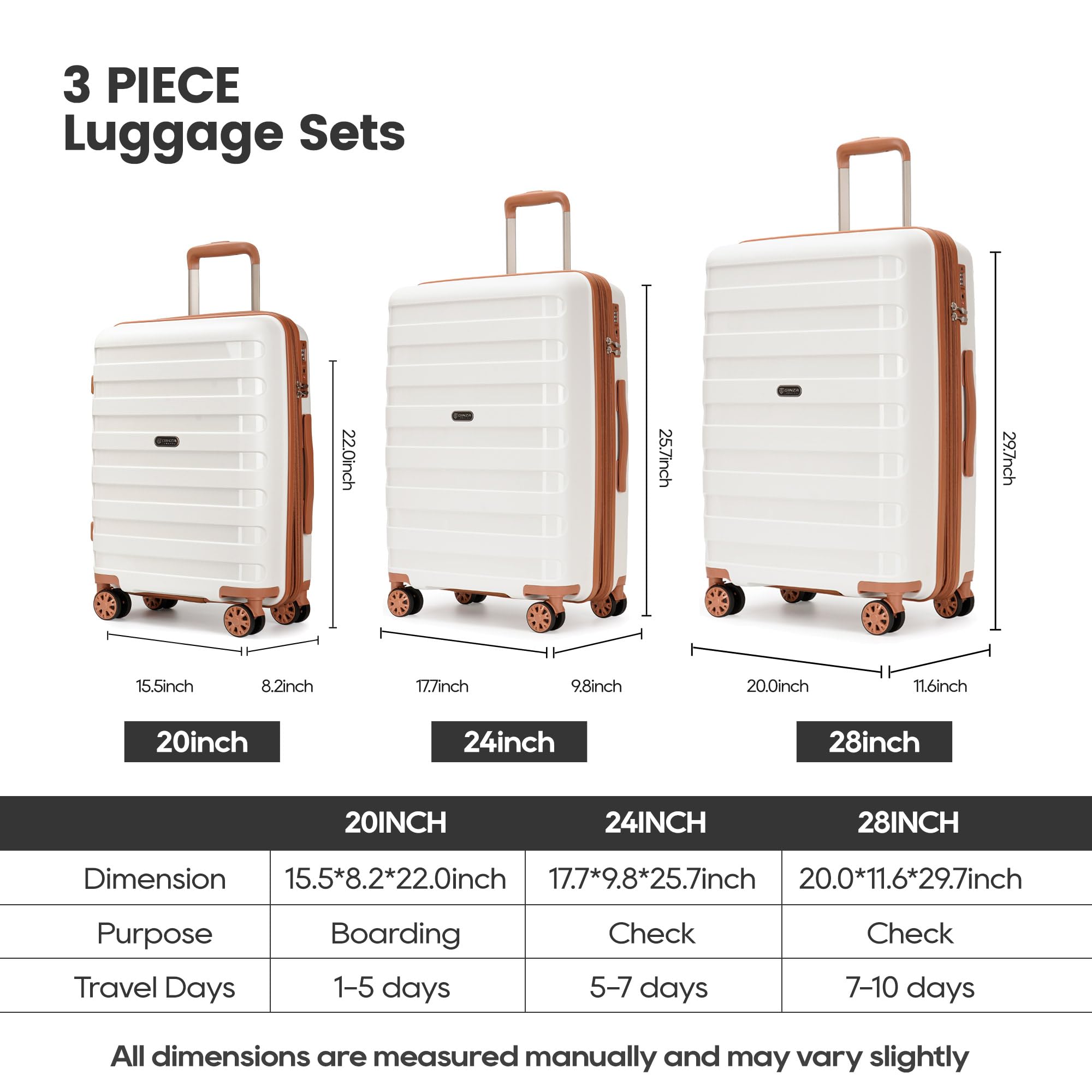 Expandable 3-Piece PP Luggage Set with Spinner Wheels & TSA Lock - 20/24/28 Inch Large Suitcases for Family Travel (White & Brown) - Perfect for Air Travel, Business Trips & Vacation Packing