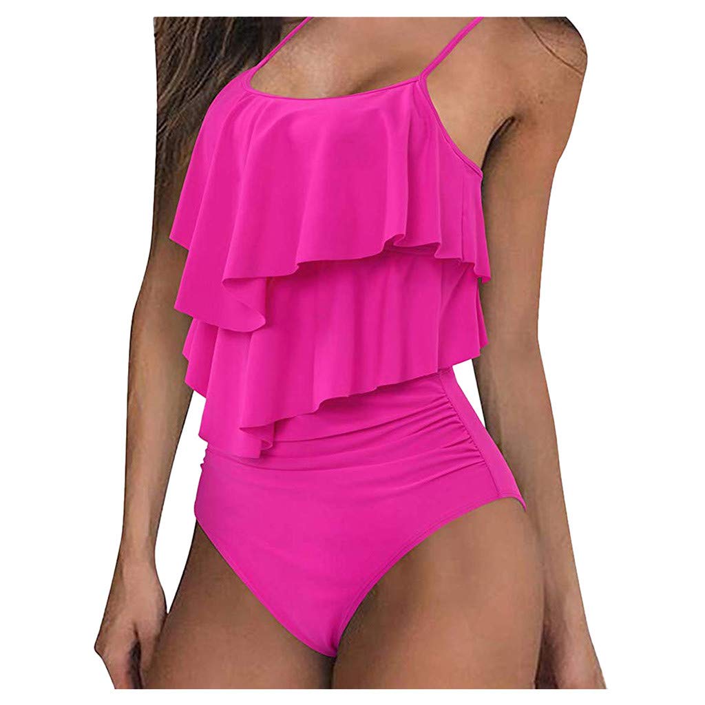 GobdXE Women's Sexy High-Strap Waisted Ruffle Tankini Swimwear Set - Hot Pink Size L | Perfect for Beach Vacations, Pool Parties & Summer Getaways