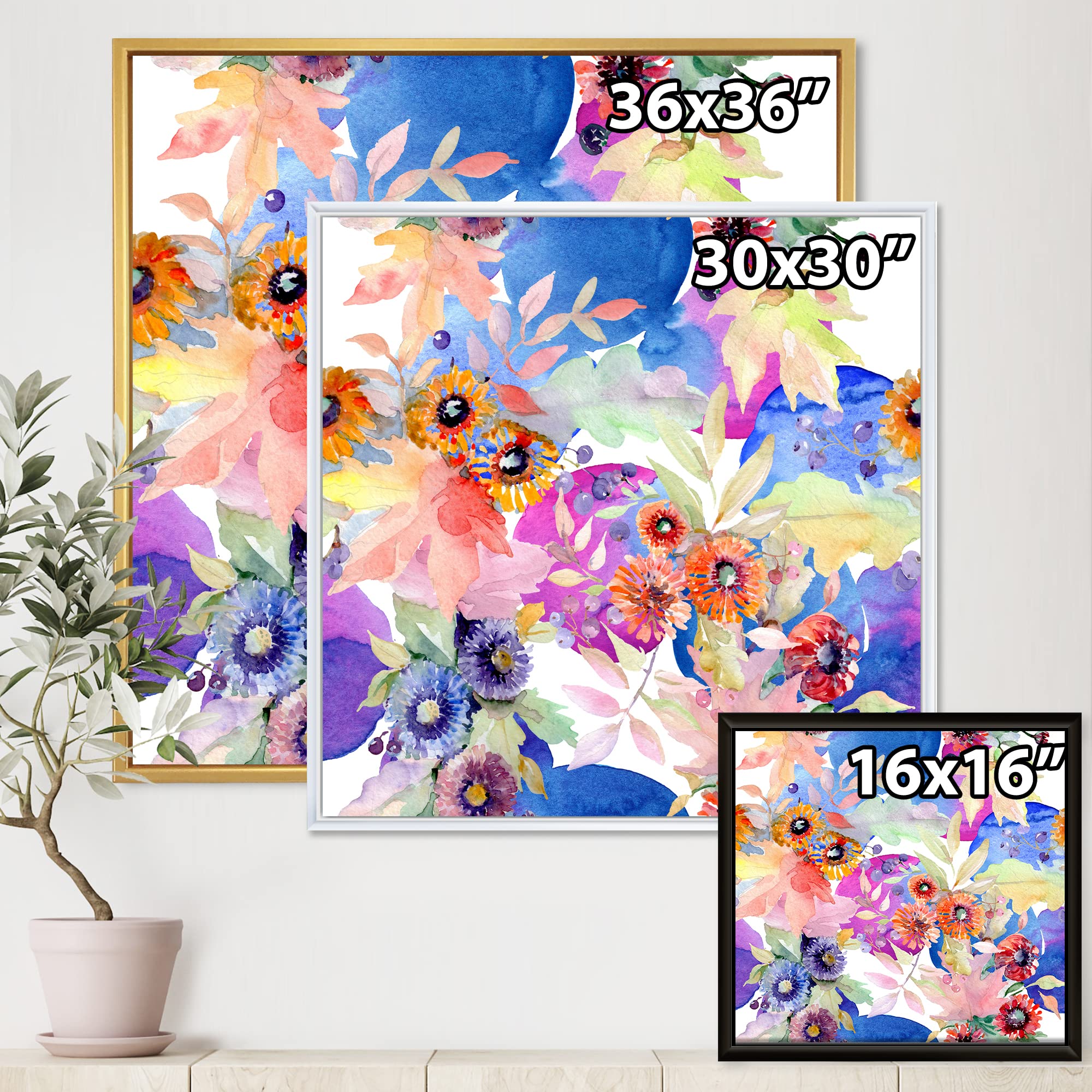 DesignQ Vibrant Wild Spring Leaves & Wildflowers IV - Modern Framed Canvas Wall Art Print for Living Room, Bedroom & Office Decor