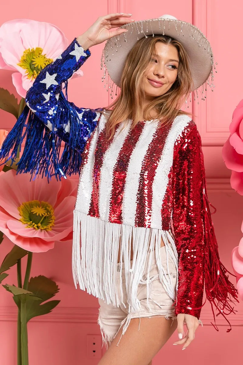 BiBi American Flag Theme Fringe Detailed Sequins Crop Top - Patriotic Party Wear for 4th of July, Concerts & Festivals