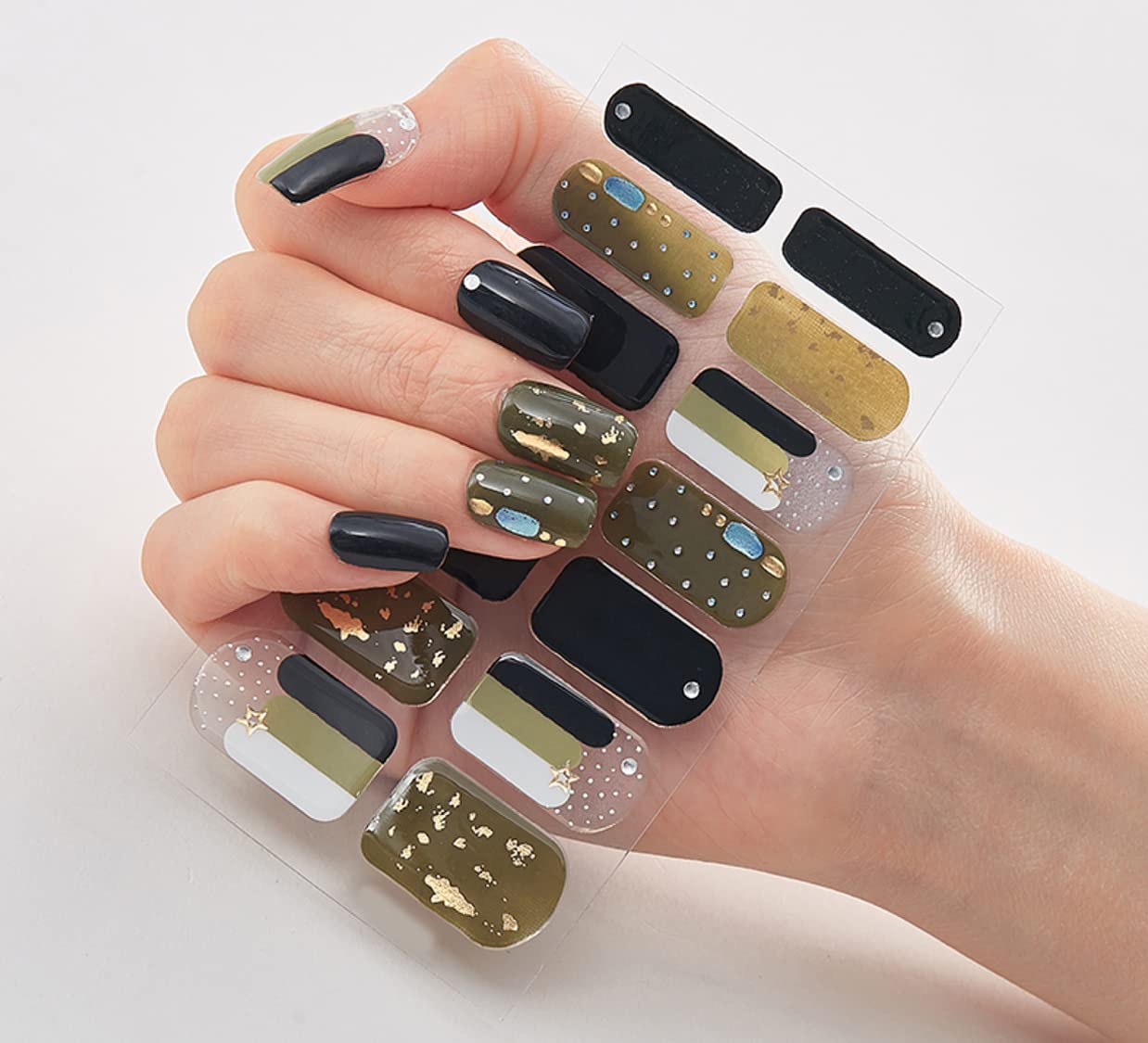 3D Nails Stickers for Women & Girls - Waterproof Glitter Luxury Nail Art Extensions - Self-Adhesive DIY Peel Off Fake Nails - 14 Multicolored Tips (DQ3-068) - Perfect for Parties, Weddings & Everyday Glam