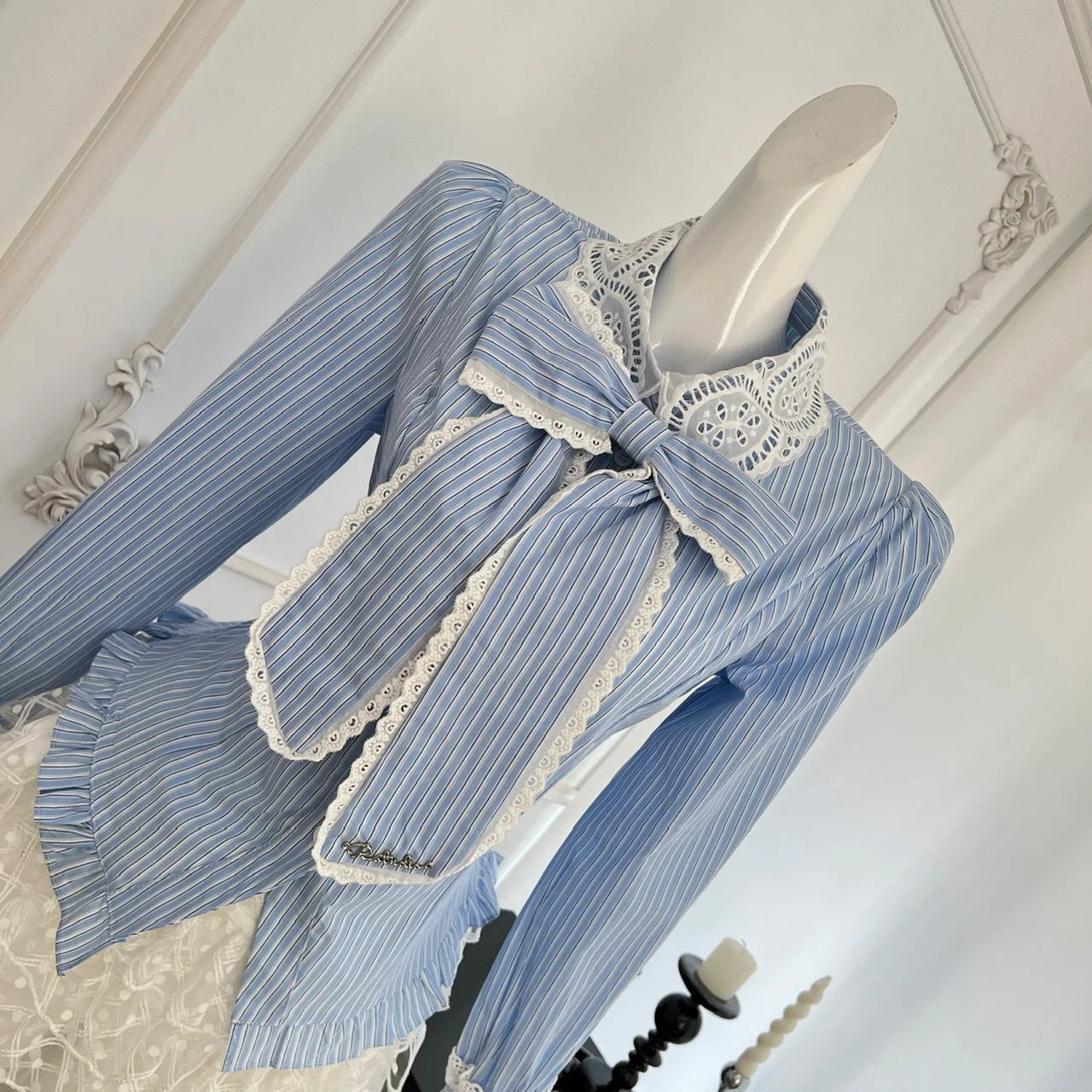 Women's Autumn 2-Piece Outfit - Blue Striped Lace Long Sleeve Lapel Blouse & High Waist Pleated Mini Skirt Set | Casual Office Wear & Date Night Outfits
