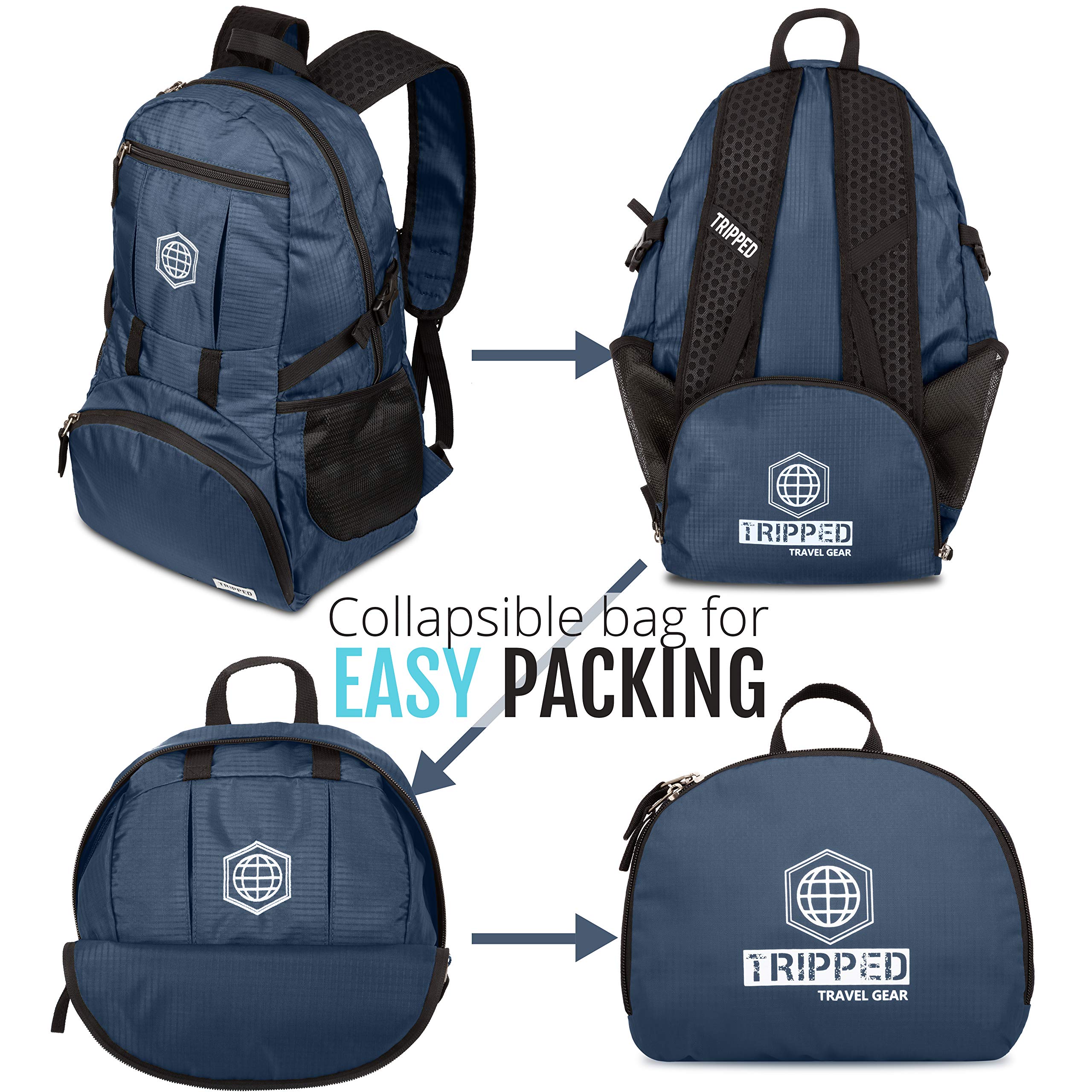TRIPPED Travel Gear 35L Foldable Lightweight Backpack for Hiking, Camping & Air Travel - Water-Resistant Collapsible Daypack (Blue) | Perfect for Outdoor Adventures & Carry-On Luggage