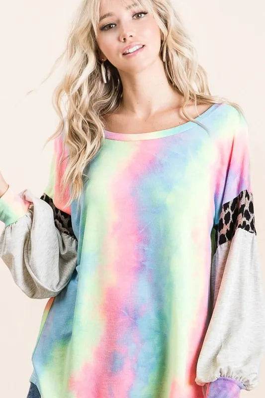 Bibi Tie Dye Terry Top with Contrast Puff Sleeves in Pastel Colors | Women's Fashion Tunic | Casual Wear & Summer Outfits