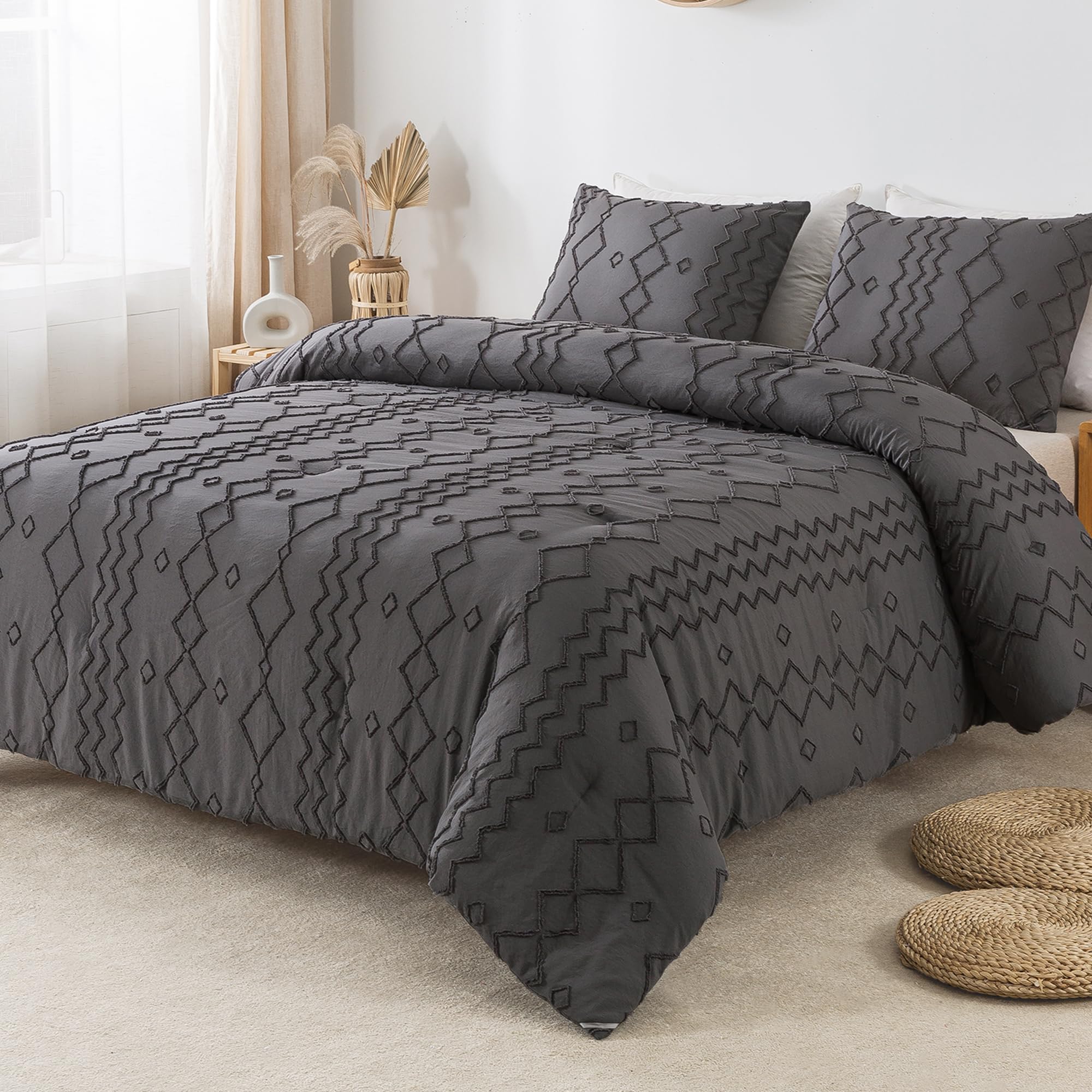**Andency Dark Gray Tufted Comforter Set Full (79x90 Inch) – 3-Piece Boho Farmhouse Bedding with Microfiber Down Alternative, Geometric Design – Perfect for Cozy Bedrooms, Guest Rooms & Modern Farmhouse Decor**