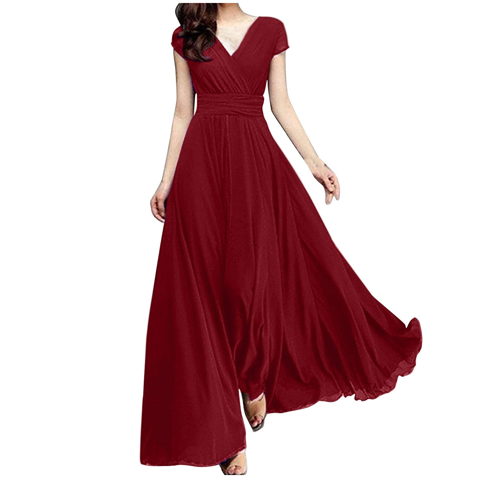 Women's Floral Chiffon V-Neck Short Sleeve Sun Dress with Waist Tie - Elegant Summer Casual & Evening Wear for Beach, Party, and Date Night