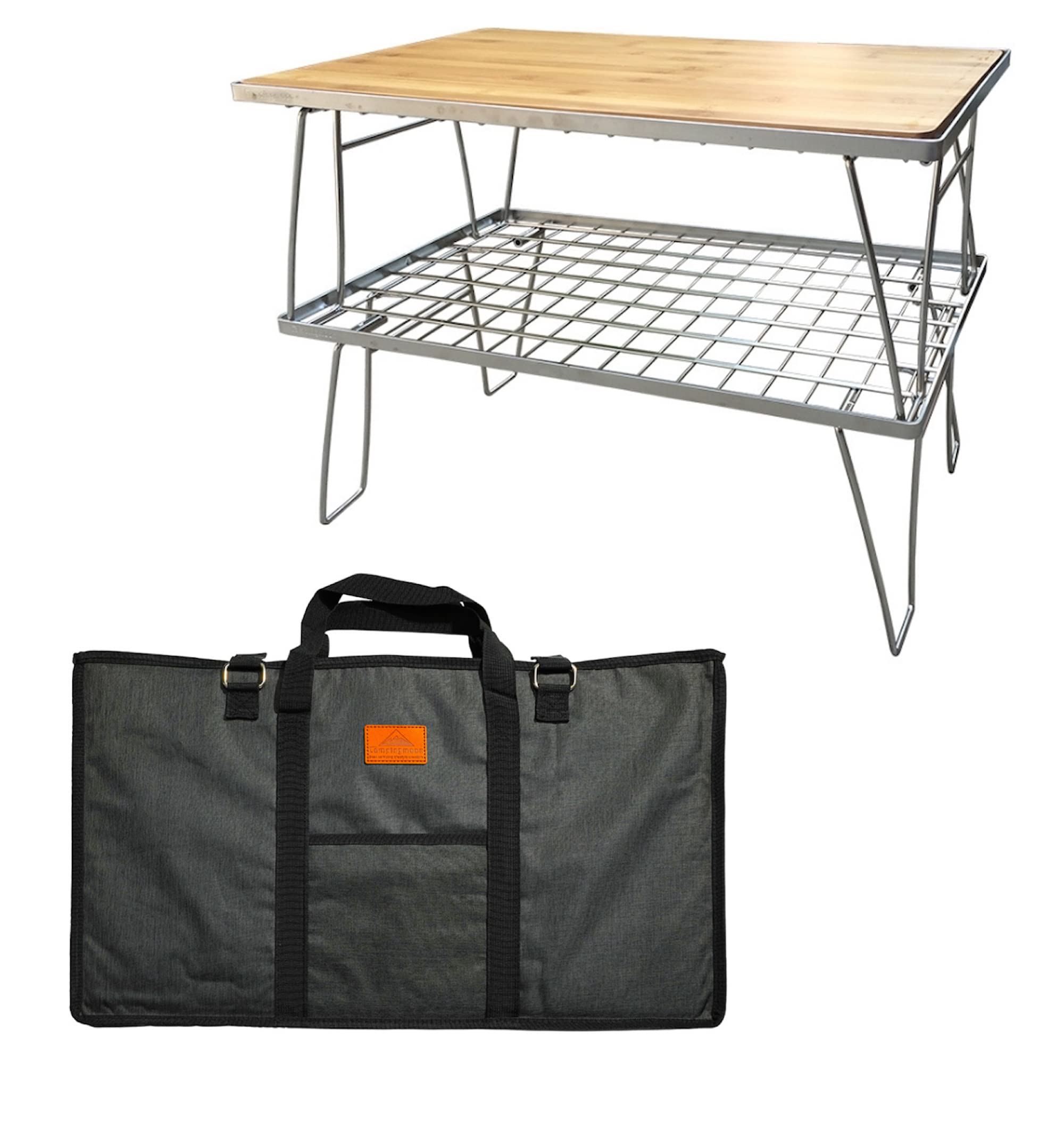 CampingMoon 2-Piece Stainless Steel Foldable Camping Grill Set - Outdoor Portable BBQ Rack with Removable Bamboo Cutting Board & Storage Bag (T-230A-2TP) - Perfect for Picnics, Backpacking & Tailgating