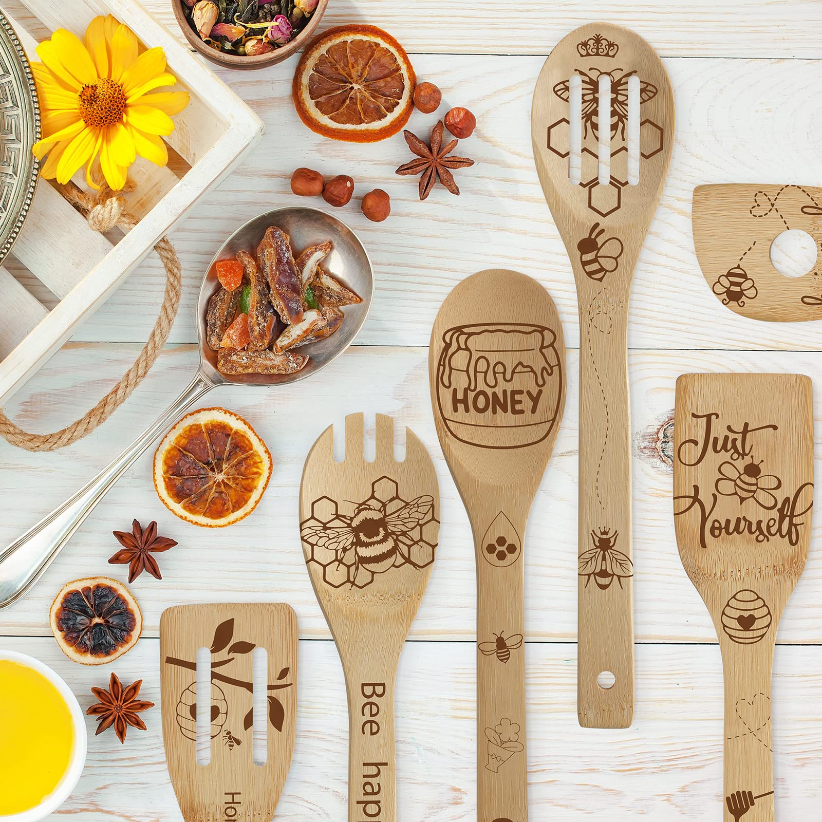 Bee Wooden Spoons Set - 6Pcs Honey-Themed Kitchen Utensils for Cooking, Baking & Wedding Gifts