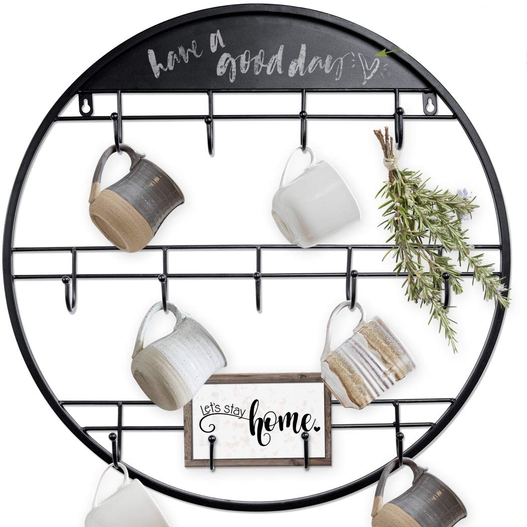 AJART 22-Inch Round Wall-Mounted Coffee Mug Rack - Large Coffee Cup Holder with Hooks for Organizing Mugs & Cups | Perfect for Kitchen, Office, or Coffee Shop Storage