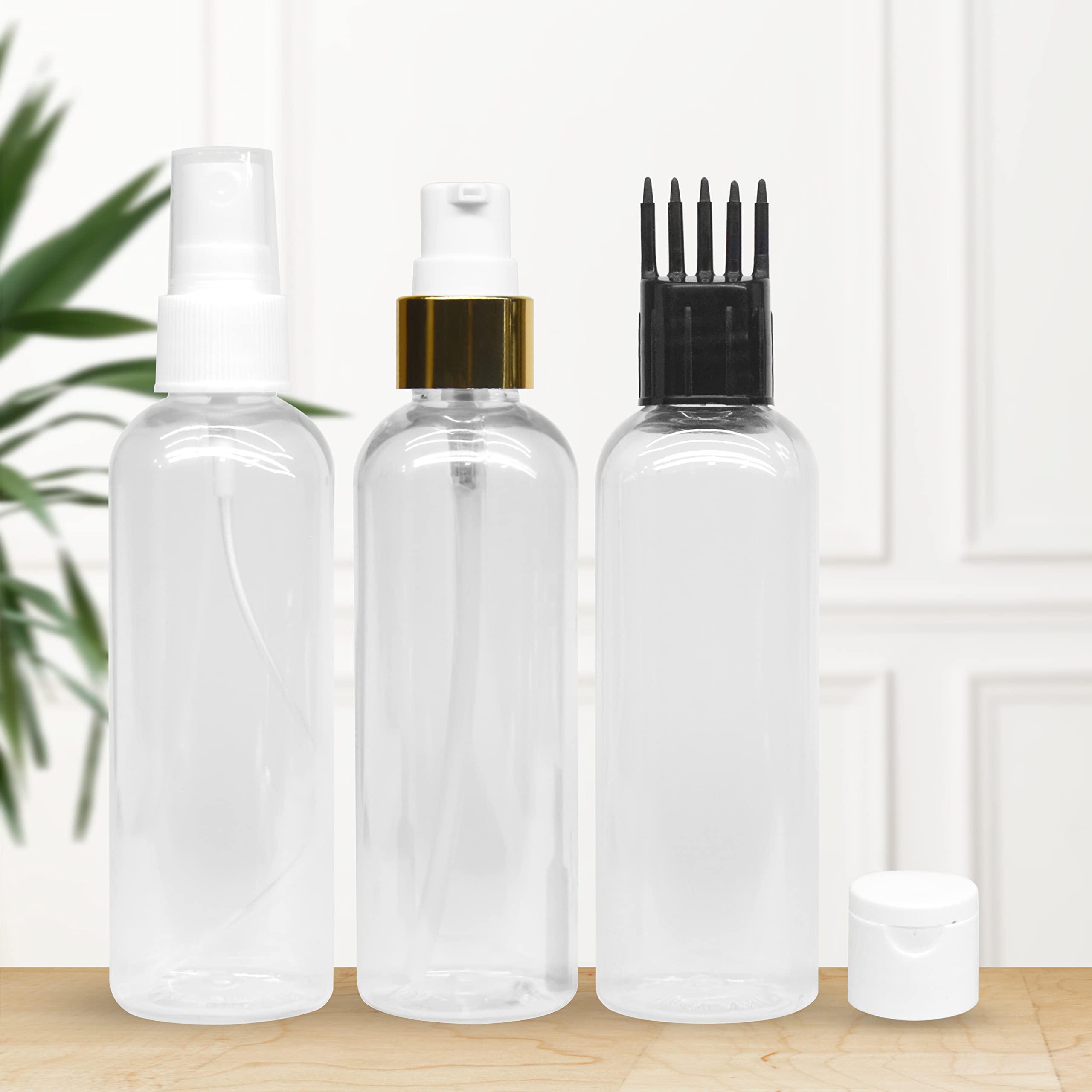 MeeTo 3-Pack Refillable Cylindrical Bottles Set - Includes 1 Pump Dispenser, 1 Spray Atomizer, 1 Root Comb Applicator with Flip Top Caps - Perfect for Perfume, Liquids, Shampoo & Body Soap - Ideal for Travel, Home & Salon Use