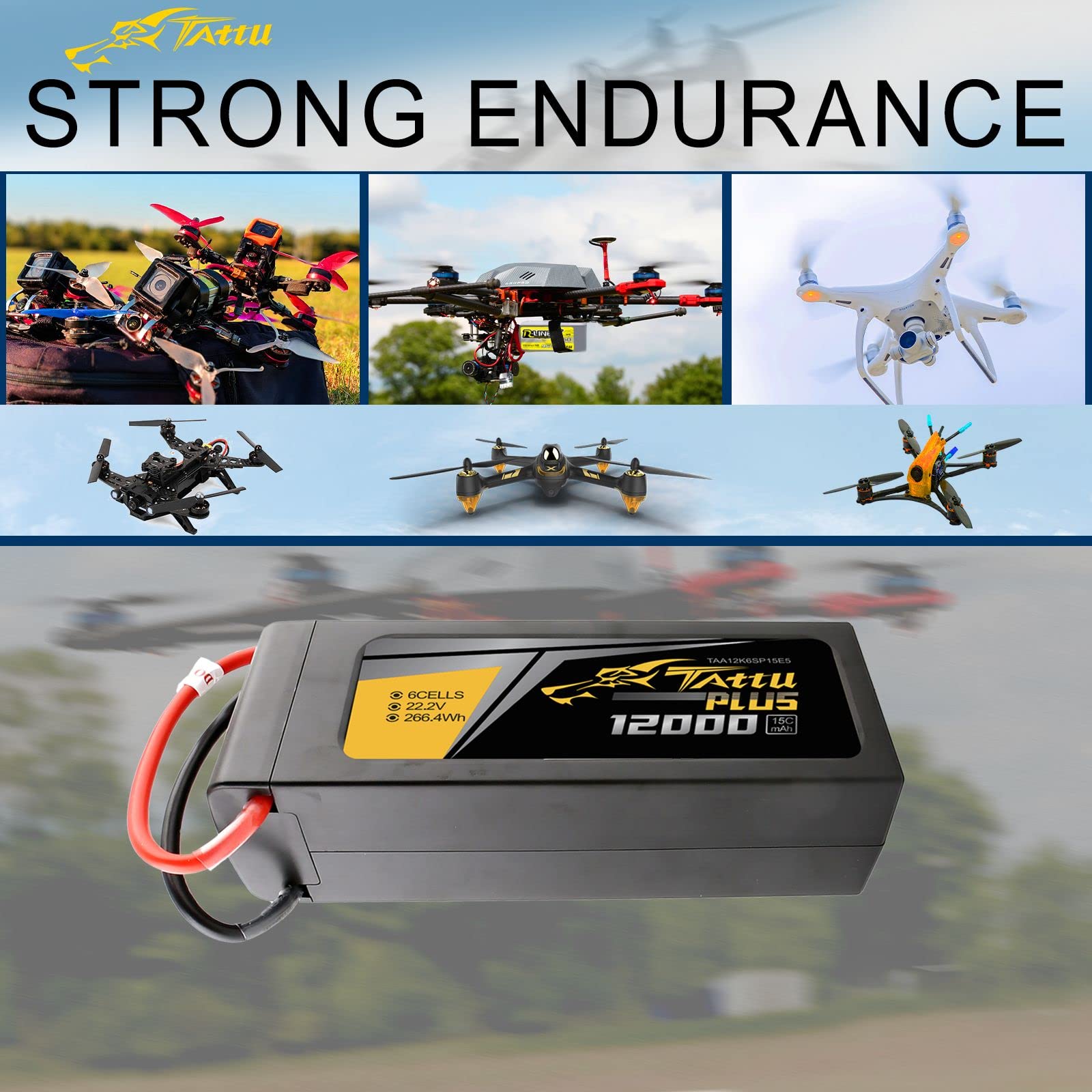 TATTU 6S Lipo Battery 12000mAh 22.2V 15C Smart UAV Battery Pack with EC5 Plug & BMS System for Industrial Drones - High Performance Drone Battery for Aerial Photography, Surveying & Long Flight Time Applications