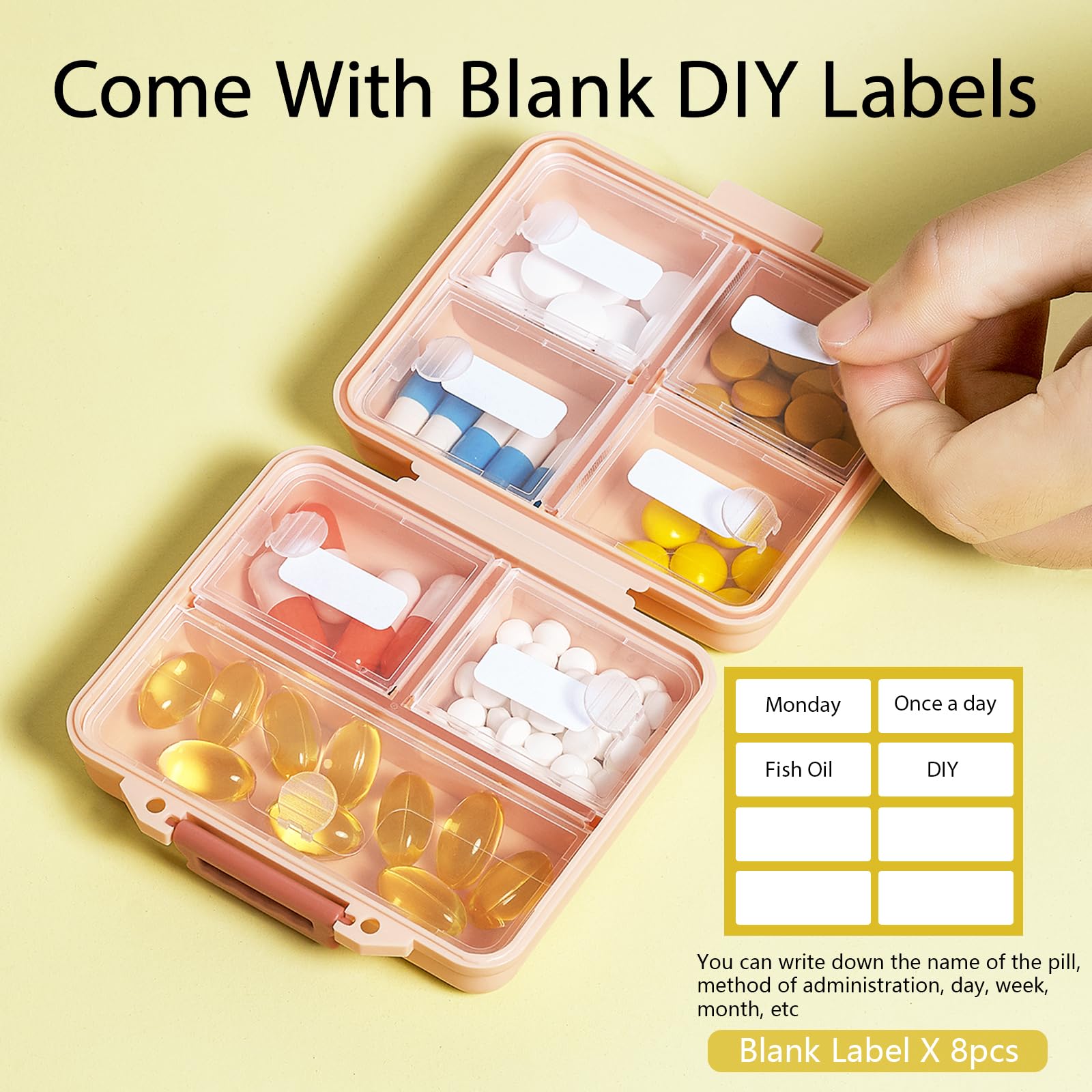 7-Day Travel Pill Organizer Box - Portable Weekly Medicine Case with 7 Compartments & Labels - Compact Mini Pill Box for Vitamins, Fish Oil & Daily Medications - Perfect for Purse, Travel & Home Use (Pink)