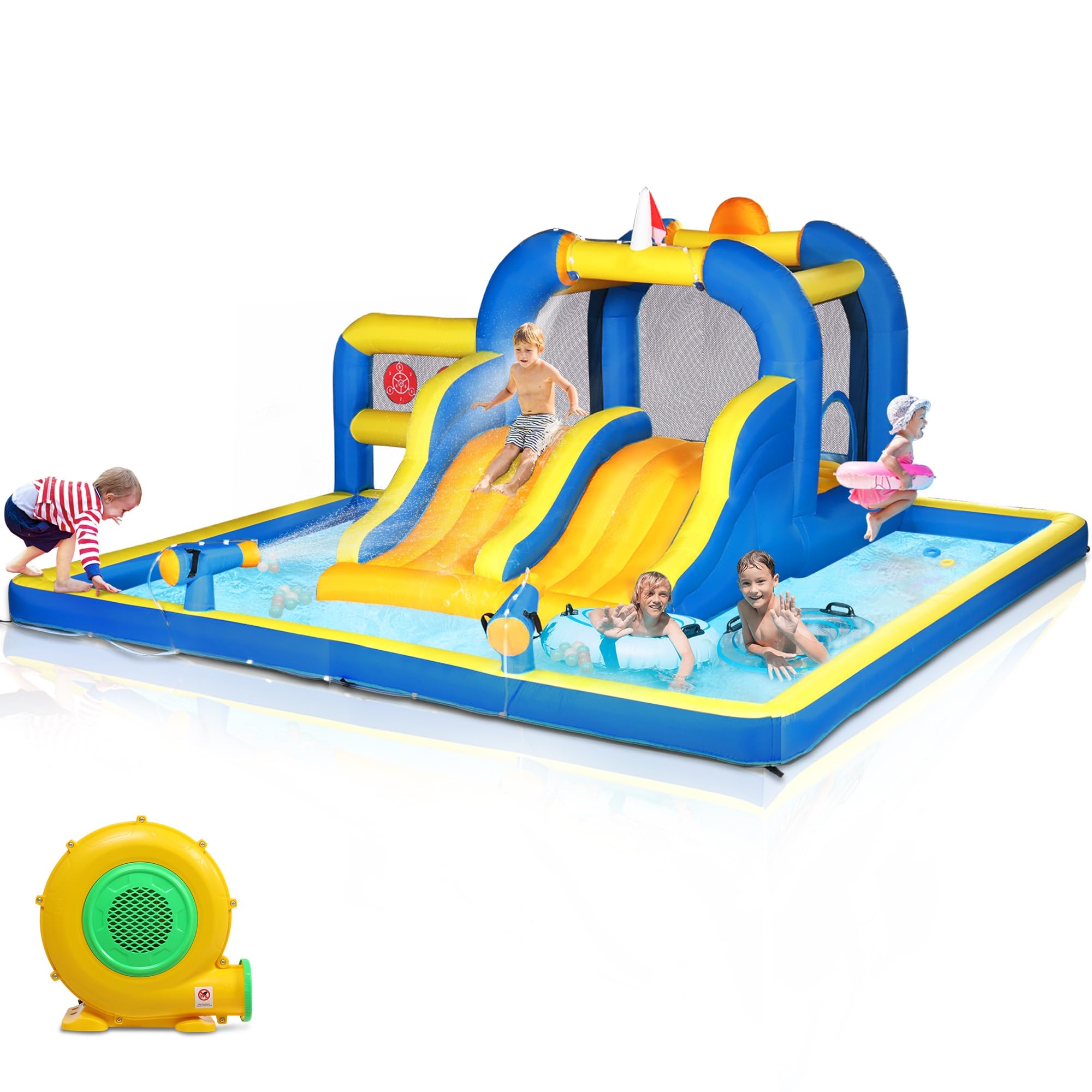 Ktaxon Inflatable Bounce House for Kids - Double Water Slide Jumping Castle with Air Blower, Outdoor Play Equipment for Backyard, Park & Lawn (181