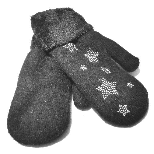 Little Stars Faux Fur Mittens for Women - Soft Winter Gloves Black - Warm Touchscreen Gloves for Cold Weather, Outdoor Activities & Fashion Accessory