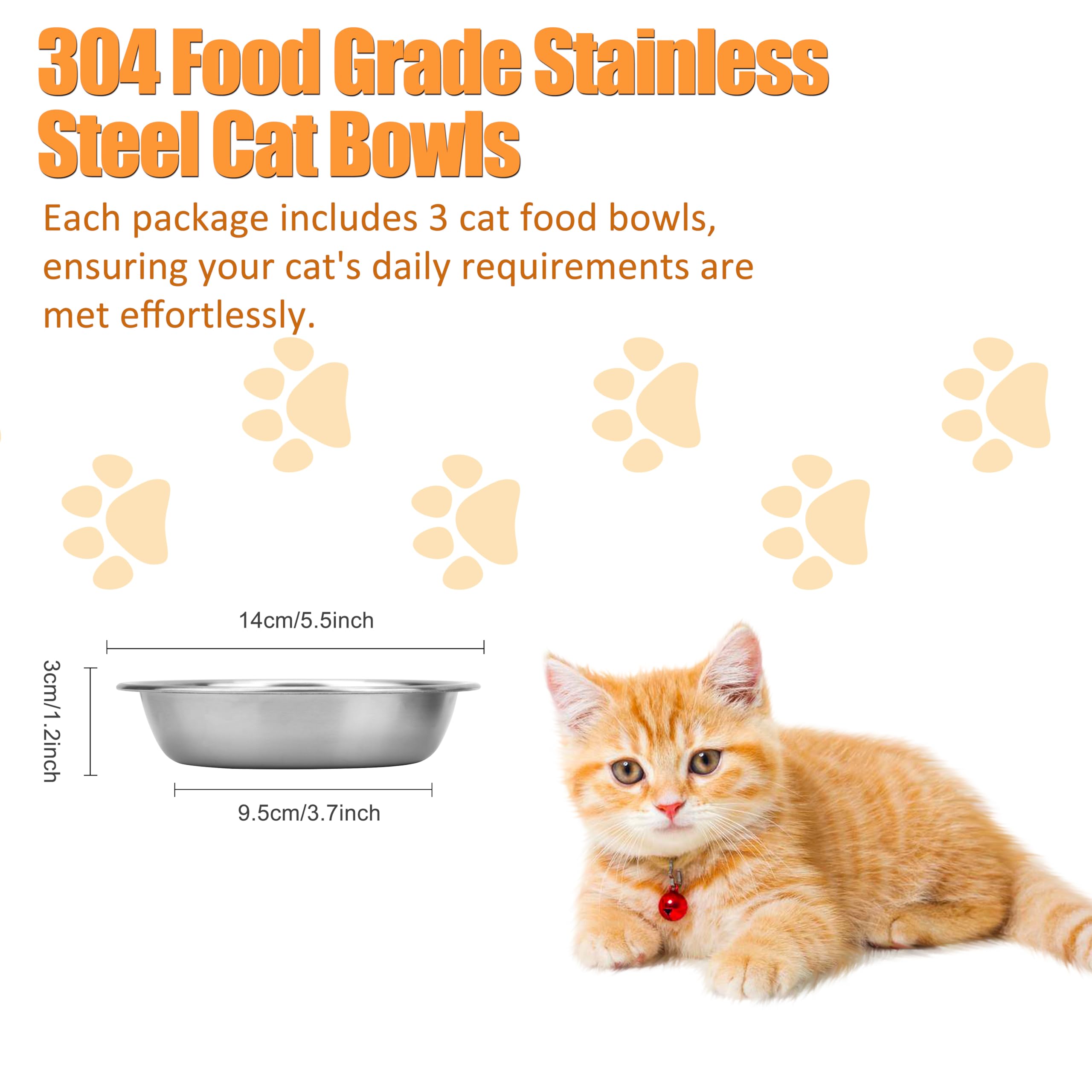Premium Stainless Steel Cat Bowls Set of 3 - Whisker Friendly Shallow Pet Food Dishes with Non-Slip Base, 5.5 Inch Metal Cat Bowls for Wet/Dry Food - Perfect for Kittens & Adult Cats at Home or Travel