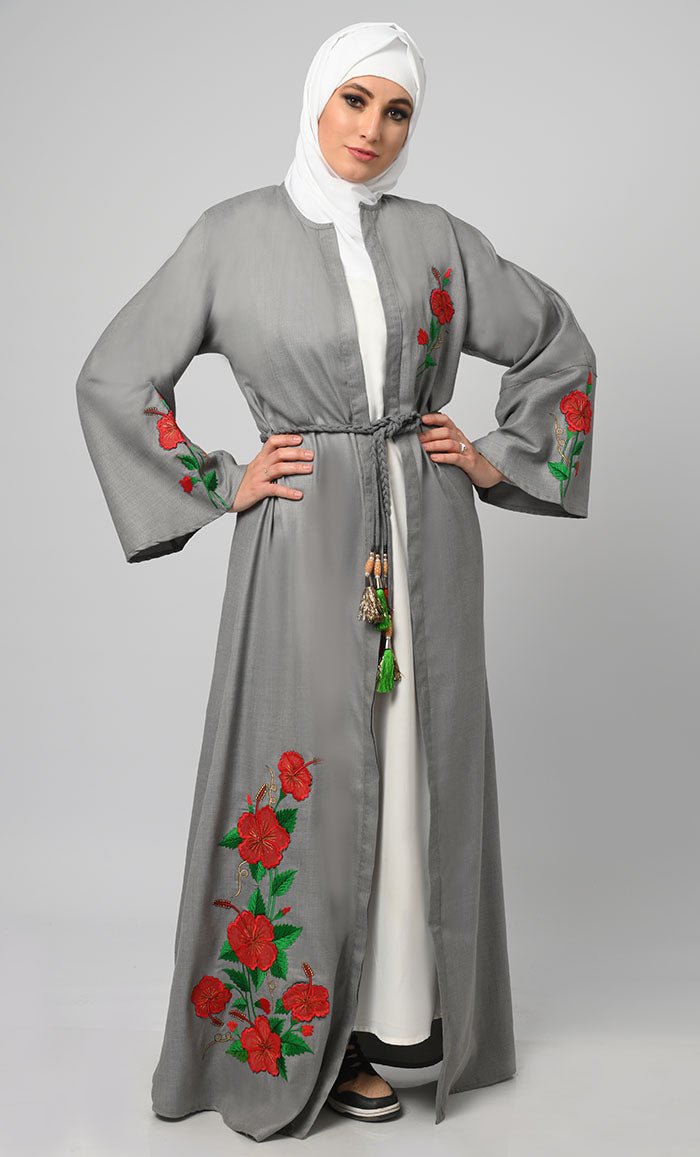 Elegant Grey Chambray Embroidered Shrug Bisht Abaya for Women - Modest Islamic Fashion for Prayer, Wedding & Special Occasions