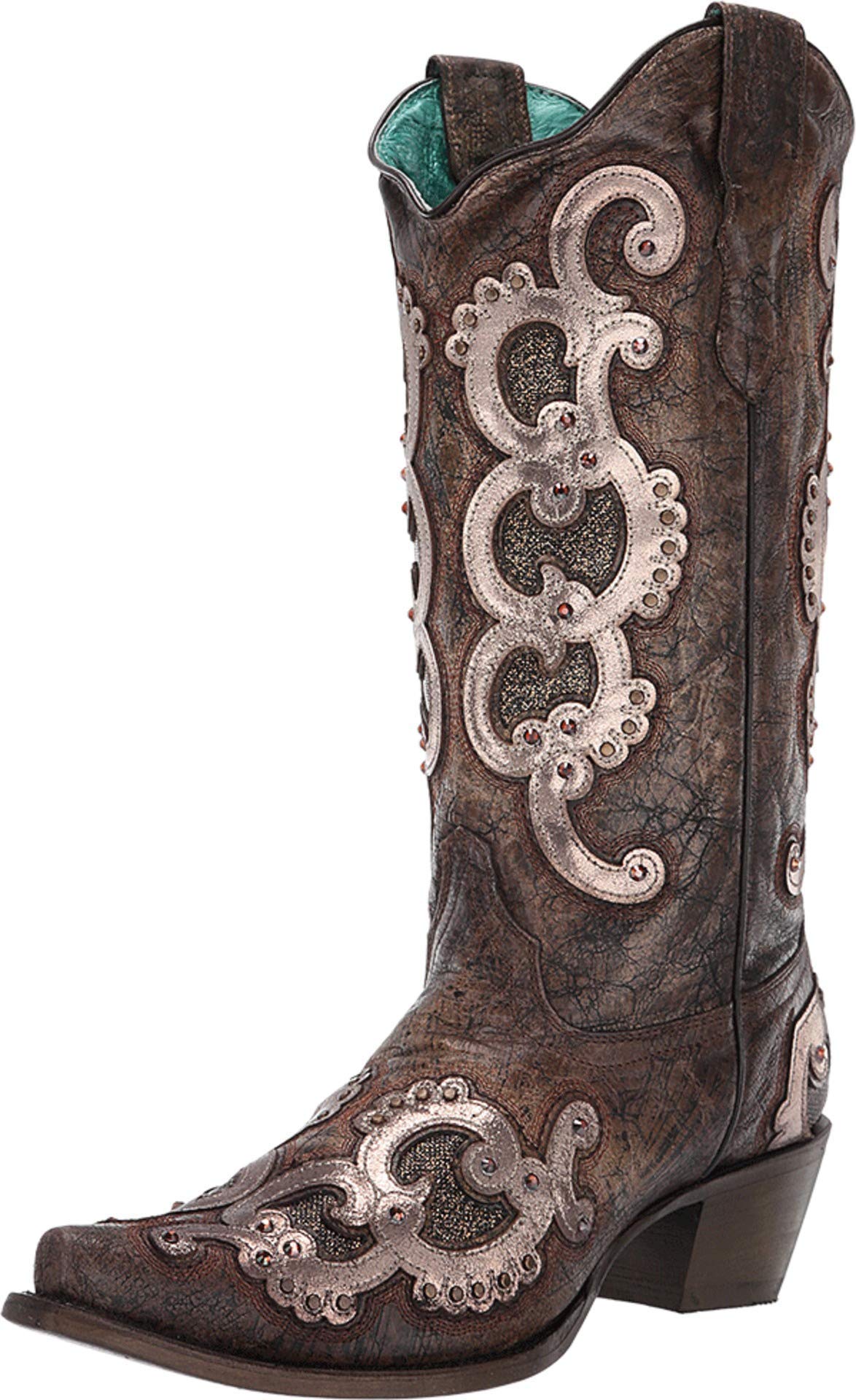 Corral Women's Brown & Grey Overlay Embroidery & Studs Cowboy Boots E1509 - Western Style Fashion for Country Rodeo & Night Out