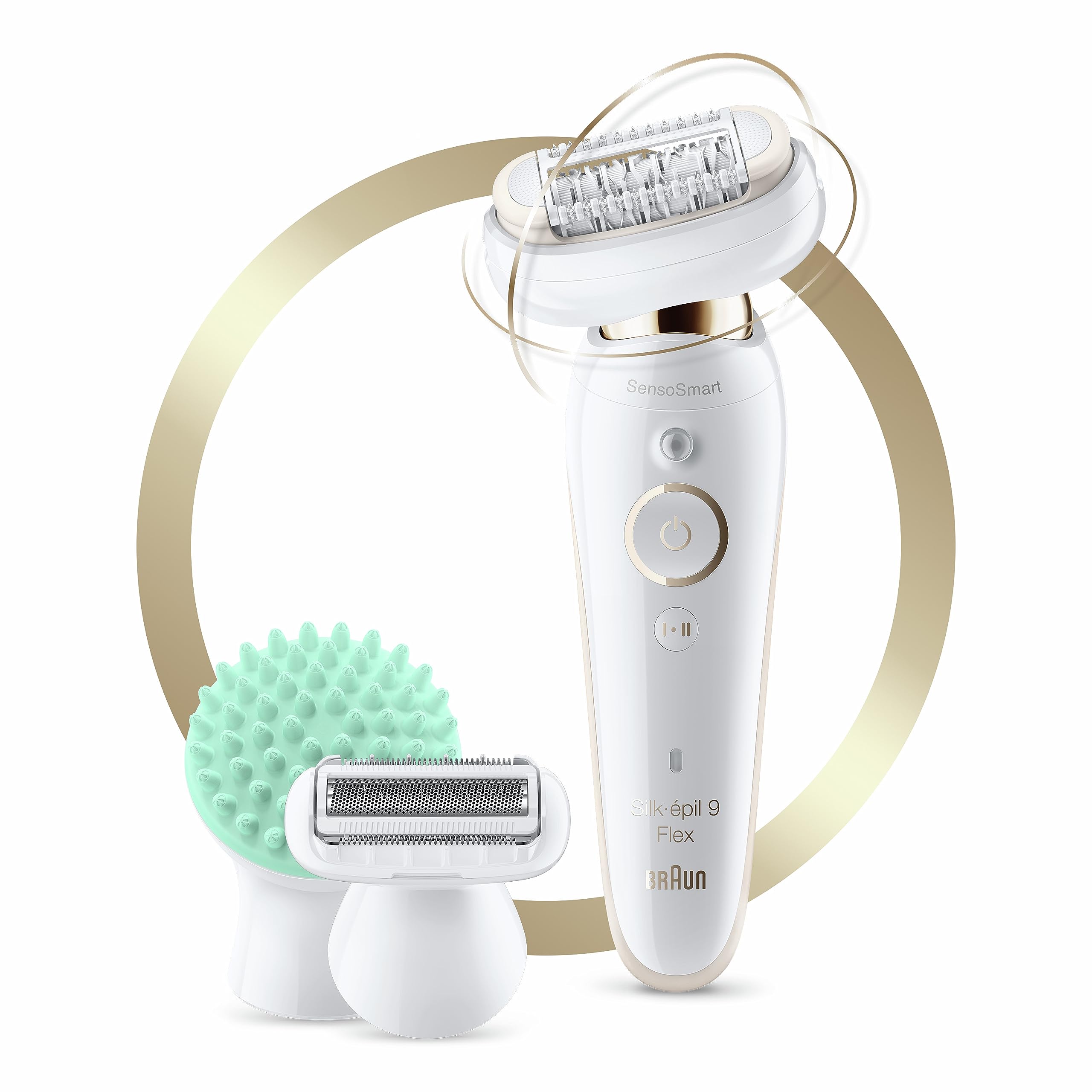Braun Silk-épil 9 Flex Epilator with Flexible Head & Face Mini Hair Remover - White/Gold | Facial & Body Hair Removal | Portable Design for Travel & Home Use
