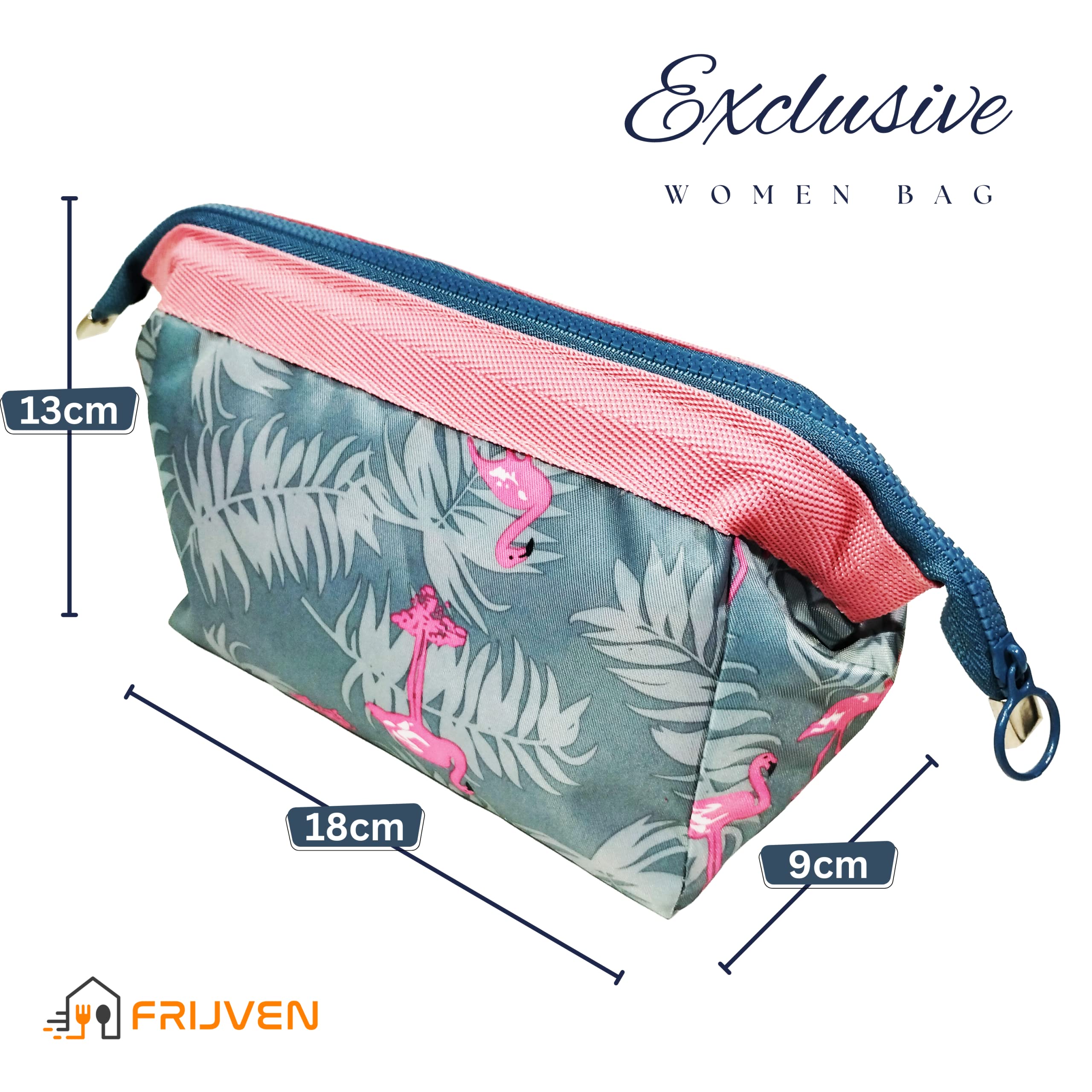 FRIJVEN Printed Cosmetic Makeup Pouch - 9cm Women's Toiletry Organizer Bag, Small Travel Makeup Case for Grooming Kit (Grey & Blue) | Perfect for Travel, Gym & Daily Essentials Storage